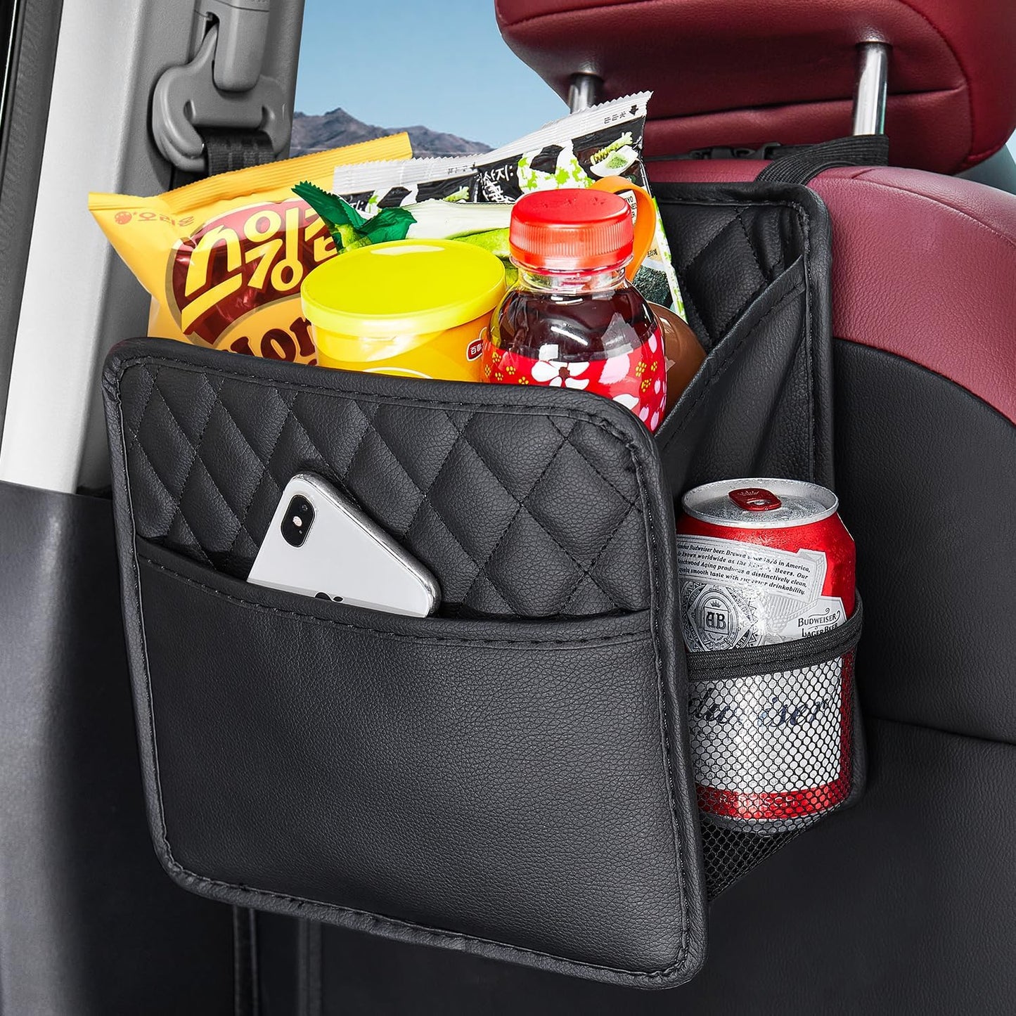 LXUNYI Car Seat Organizer, Updated Large Leather Backseat Car Organizer with Cup Holders Multifunctional Over the Seat Storage Organizer Bag Hanging Back Seat Organizers for Kids (Gray 1Pack)