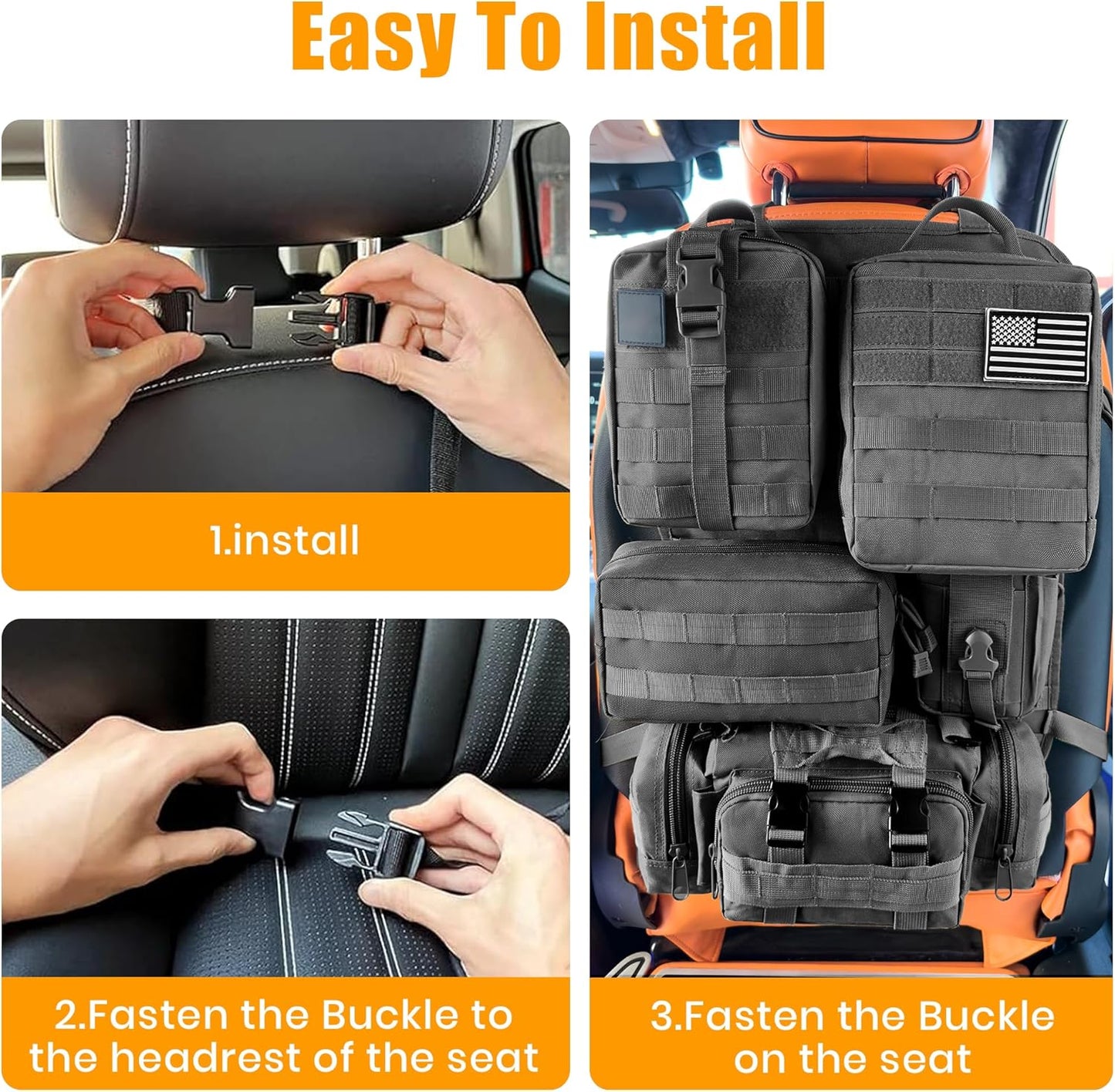 6 Pack Tactical MOLLE Car Seat Back Organizer - Universal Vehicle Storage Bag with 5 Detachable MOLLE Pouches, US Flag Patch & Keychain, Fits Jeep, Truck, SUV, Car (Black)