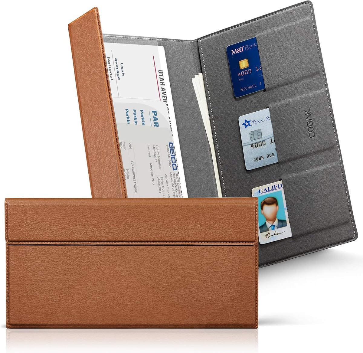 CoBak Leather Car Registration and Insurance Holder with Magnetic Compartment - Vehicle Glove Box Organizer for Driver License, Cards, Emergency Cash - Auto Truck Accessories Case, Wine Red