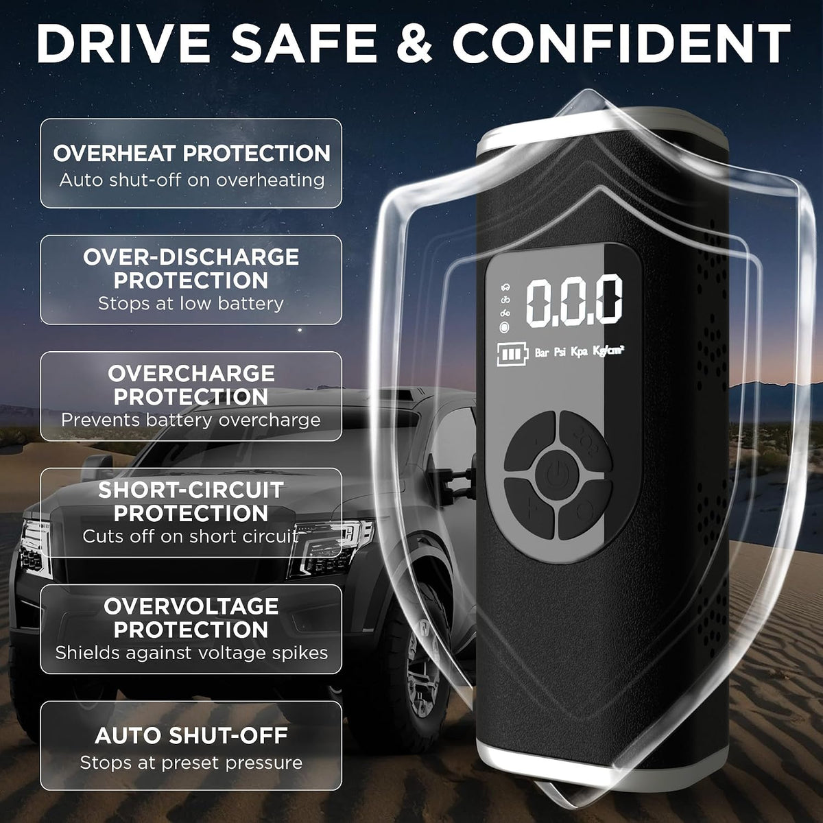 StartPro Tire Inflator Portable Air Compressor, 150PSI Cordless Air Pump, Dual Power Suply, LED Display, Flashlight, Auto Shut-Off, Fast Inflation for Car, Motorcycle, Bike, and Sports Equipment