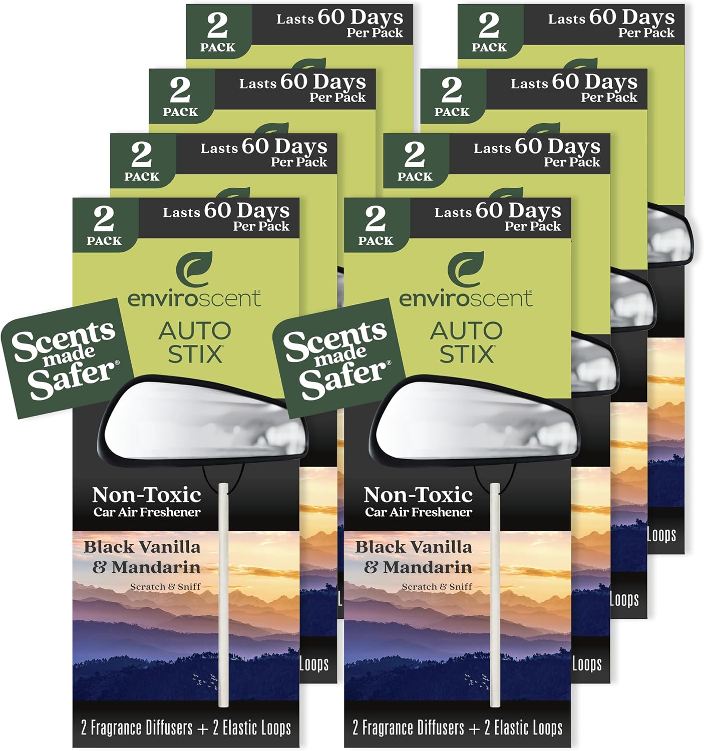 Enviroscent Non-Toxic* Car Air Freshener Auto Stix® - Scents Made Safer - Enjoy Fragrance Lasts Up to 180 Days - Includes Auto Stix® Diffusers & Elastic Loops - Black Vanilla & Mandarin (Pack of 3)