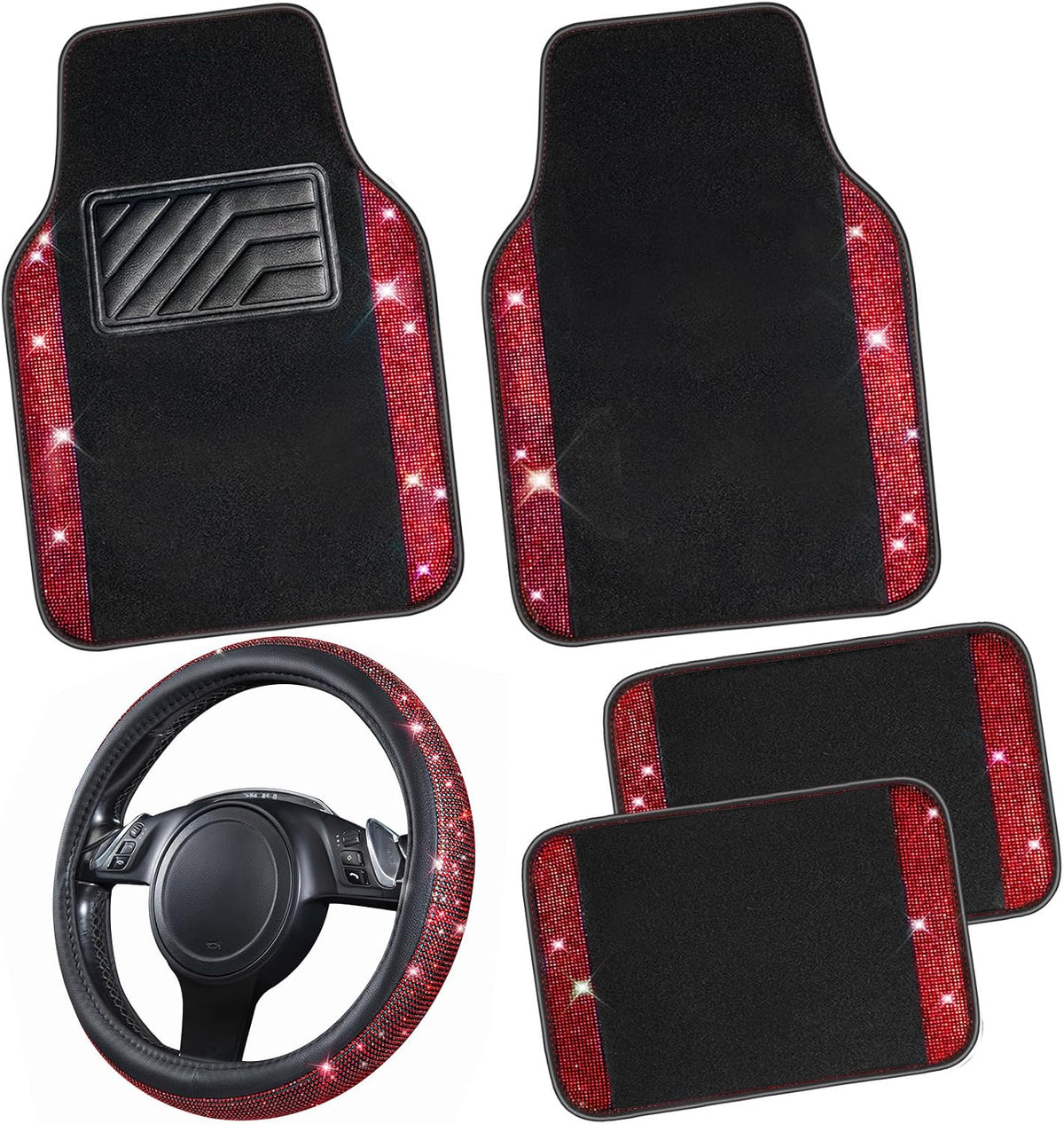 CAR PASS Bling Diamond Leather Steering Wheel Cover 14.5in-15in Floor Mats Shining Rhinestone Carpet Sparkly Glitter Crystal Anti-Slip Pad Fit Automotive SUV Pickup Truck Girl Women, 5pcs Black