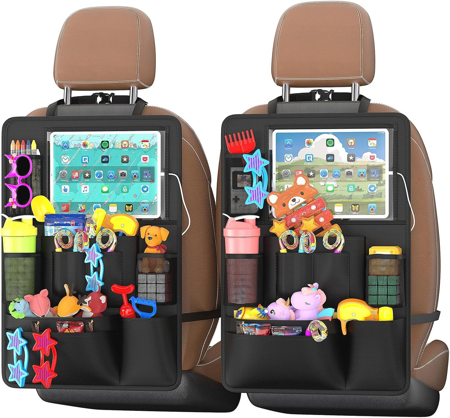 Backseat car Organizer with Touch Screen,2PACK of car organizer Kick Mats Back Seat Protector with 10pcs Storage Pockets,Car Seat Back Organizers Storage for Kids road trip essentials