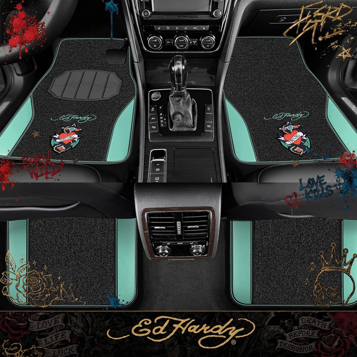 ED HARDY Heart Print Car Floor Mats, Carpet Floor Mats with Mint Leather Design, Automotive Car Mats with Built-in Heel Pad & Anti-Slip Backing, Fits Most Cars, SUVs & Trucks, Durable & Odorless