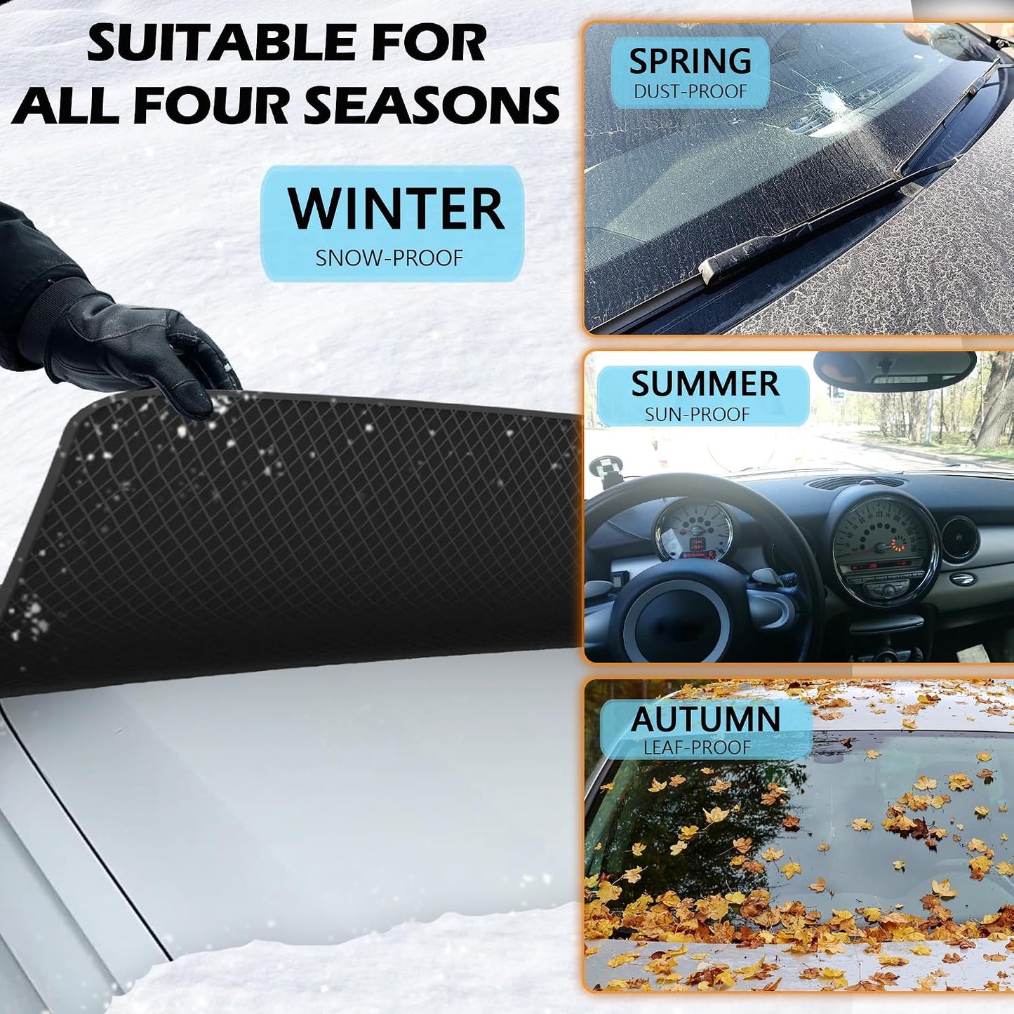 Car Windshield Cover for Ice and Snow - Universal Windshield Snow Cover with Side Window and Rearview Mirror Protector, Durable Magnetic Winter Frost Hail Guard, Suitable for Most Cars,SUV,Truck