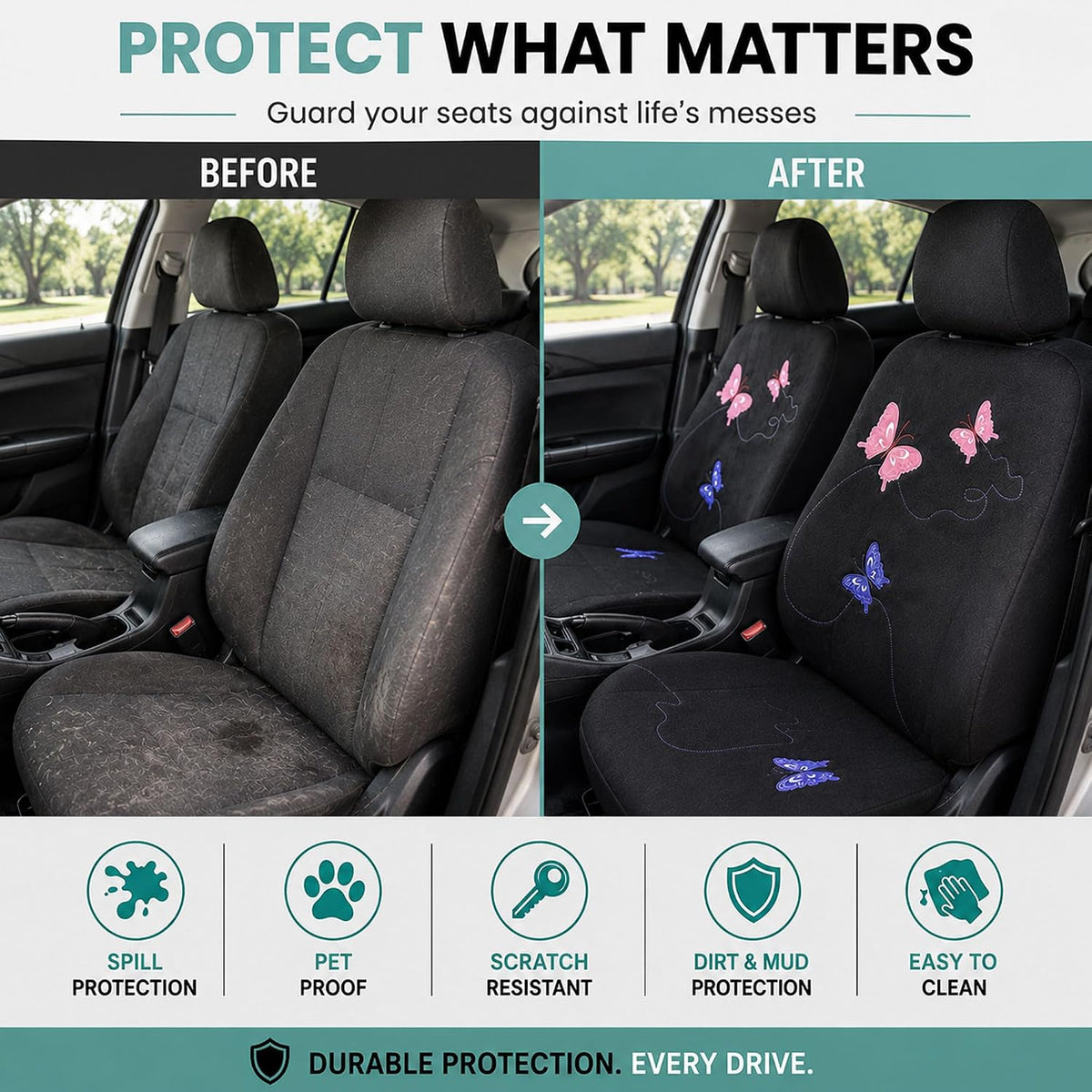 FH Group Full Set Butterfly Cloth Car Seat Covers - Universal Fit, Low Back Front Seat Covers, Solid Back Seat Cover, Washable Seat Cover for SUV, Sedan, Van, Black
