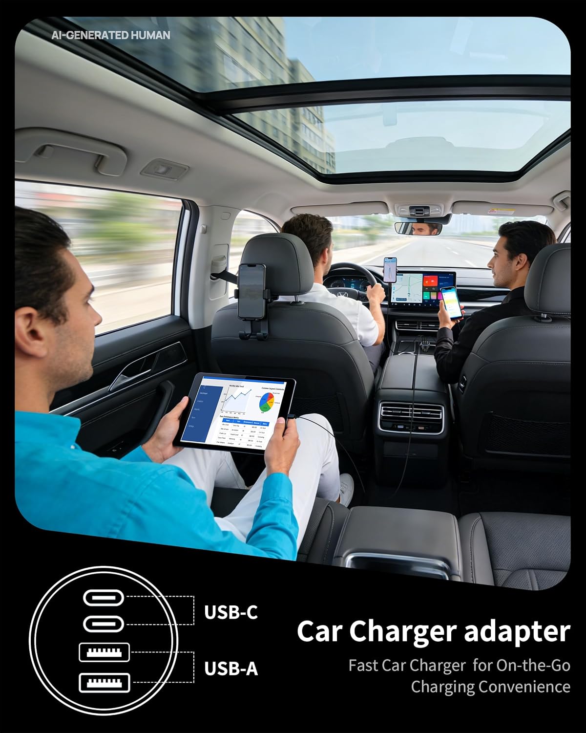 Car Charger USB C, 4-Port 90W Super Fast Charging Car Phone Charger Adapter