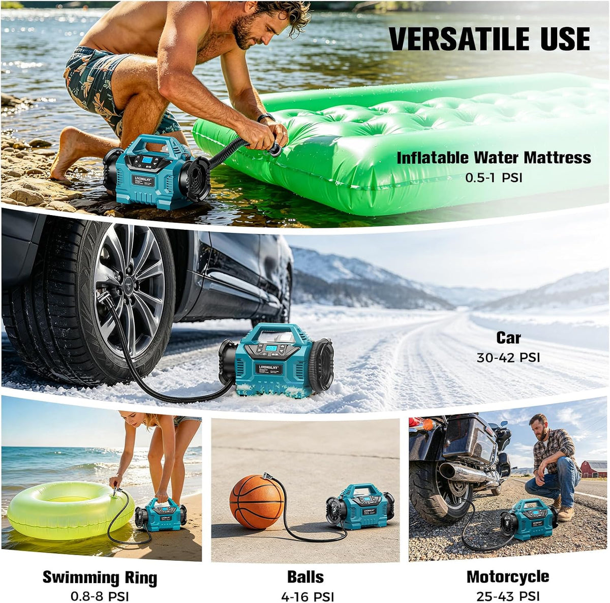3X Faster Cordless Tire Inflator Air Compressor Pump Compatible With Makita 18V Battery, LIVOWALNY 160PSI 12V DC/18V DC with Pressure Gauge & Deflator for Car, Pickup, Air Mattresses (Tool Only)
