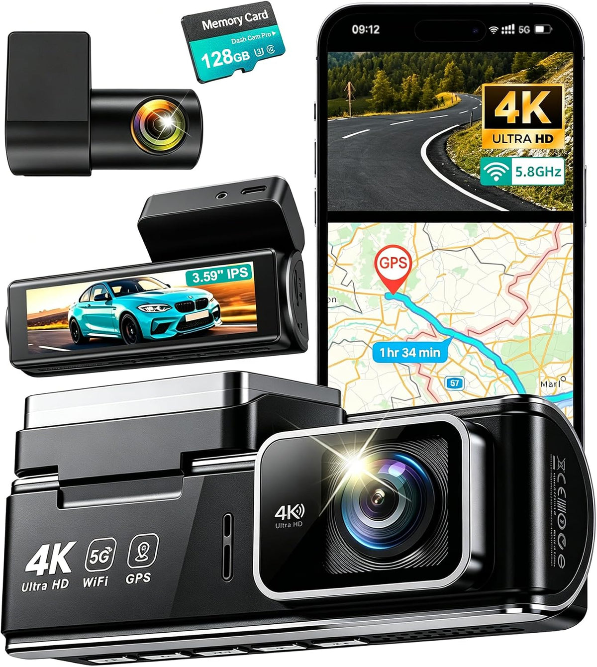 4K Dual Dash Cam Front and Rear - 5.8G WiFi GPS with 128GB SD Card