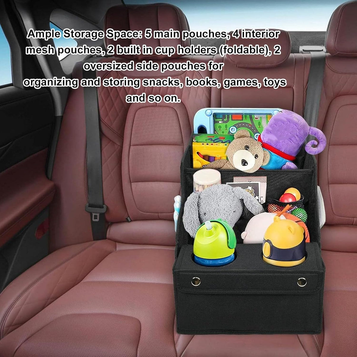 Car Seat Organizer Backseat Storage Box with 5 Main Pouches 4 Mesh Pockets 2 Cup Holders for Travel Kids Toys Snacks Books