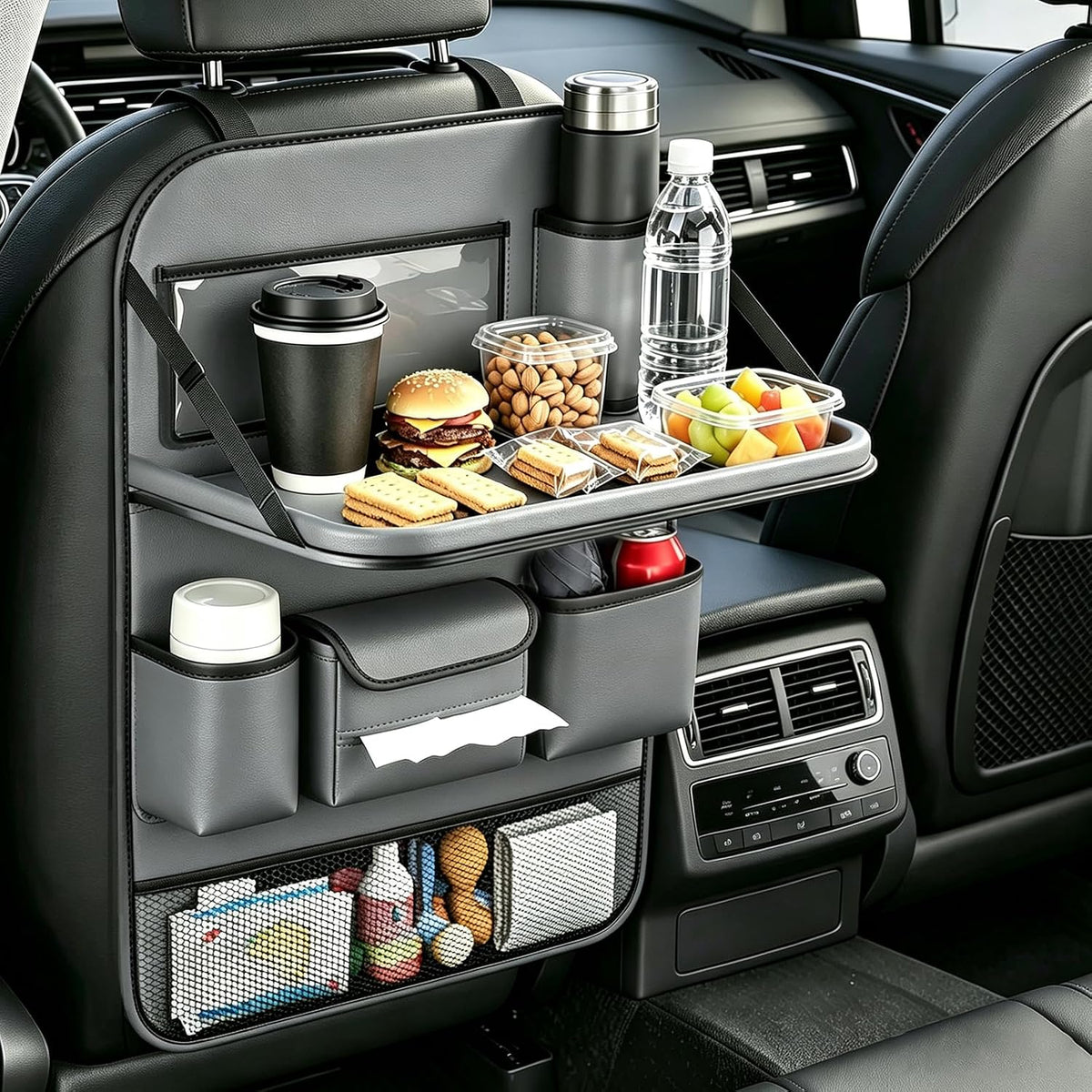 Car Backseat Organizer with Foldable Table Tray, Car Seat Protector, Black