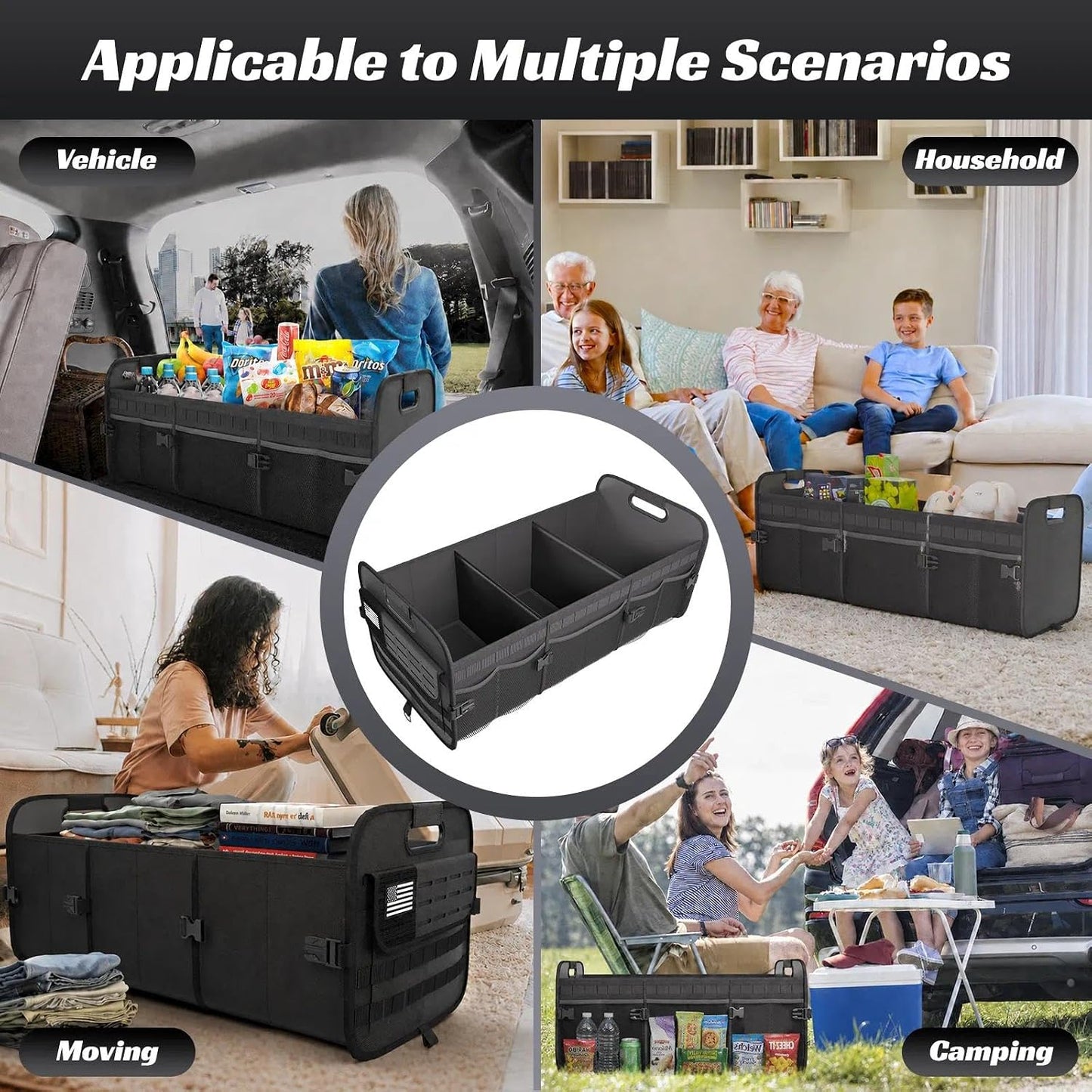 Sposuit Car Trunk Organizer for SUV - 105L Collapsible Tactical MOLLE Car Storage with Reinforced Handles & Multiple Pockets, Sturdy Trunk Organizers for Groceries, Tools & Outdoor Storage (Black)