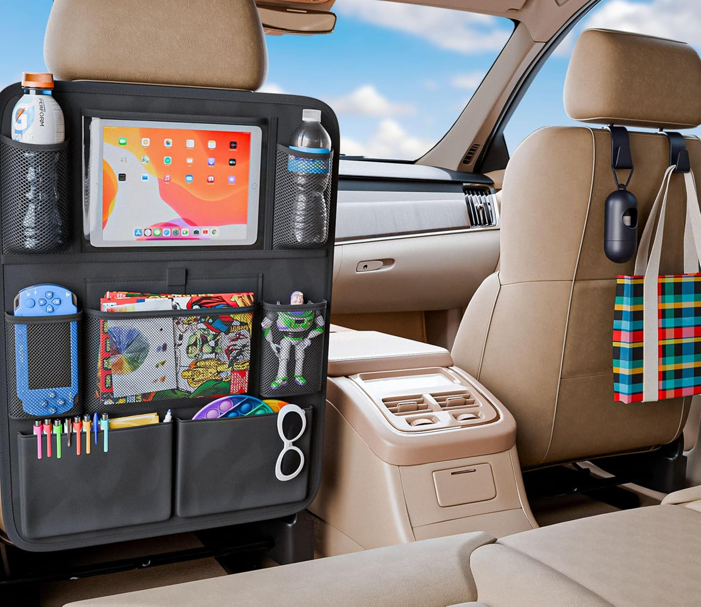 Baby Car Essentials Starter Kit for New Parents w/ 1 Backseat Organizer 2 Window Sun Shades 2 Headrest Hooks 1 Rear Facing CarSeat Mirror – Baby Car Stuff Must Haves & Newborn Essentials