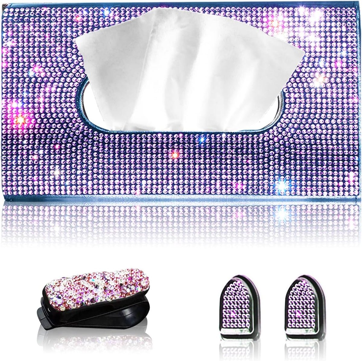 Purple Car Visor Tissue Box Holder, Bling Crystals PU Leather Napkin Holder, Glitter Car Visor Accessories with Sparkly Mask Hook Clip for Women, Gift for Christmas Thanksgiving (Purple 3 pcs)