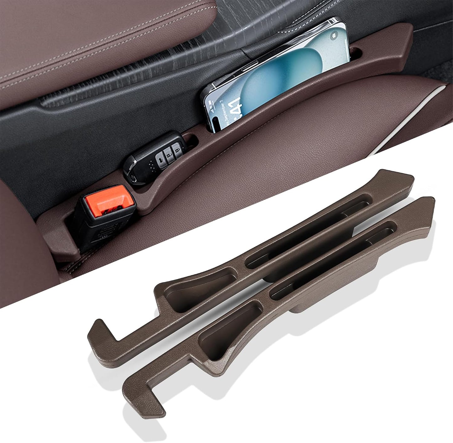 Car Seat Gap Filler Organizer with Dual Slots, 2 Pack Anti-Drop Storage Solution for Car SUV Truck - Prevents Phone, Keys, Wallet from Falling Between Seats (Brown)