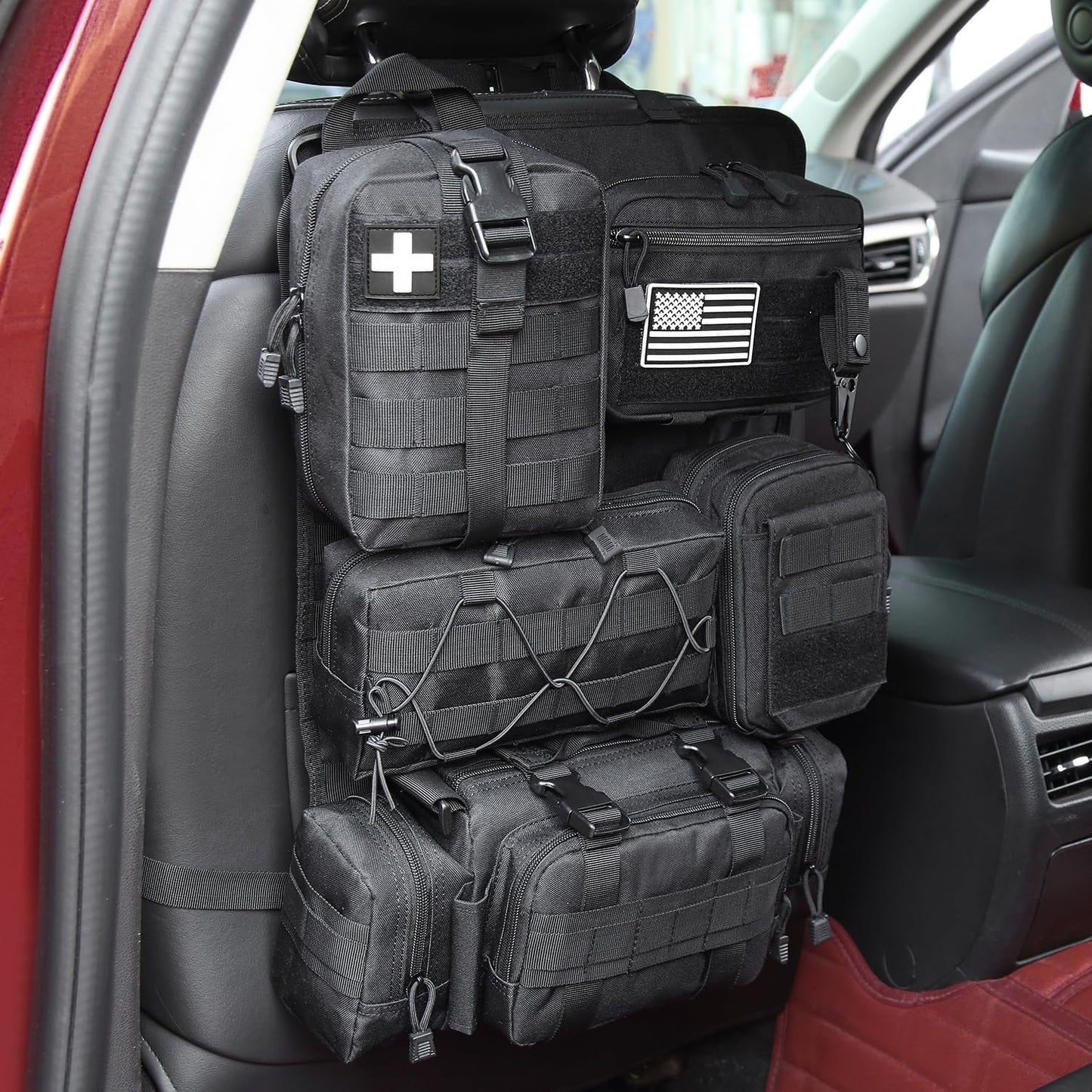 Tactical Car Seat Back Organizer, 2025 Upgrade Tactical Vehicle Panel Organizer with 5 Detachable Molle Pouch for Car Truck Ford Jeep Vehicle (Dark CM)