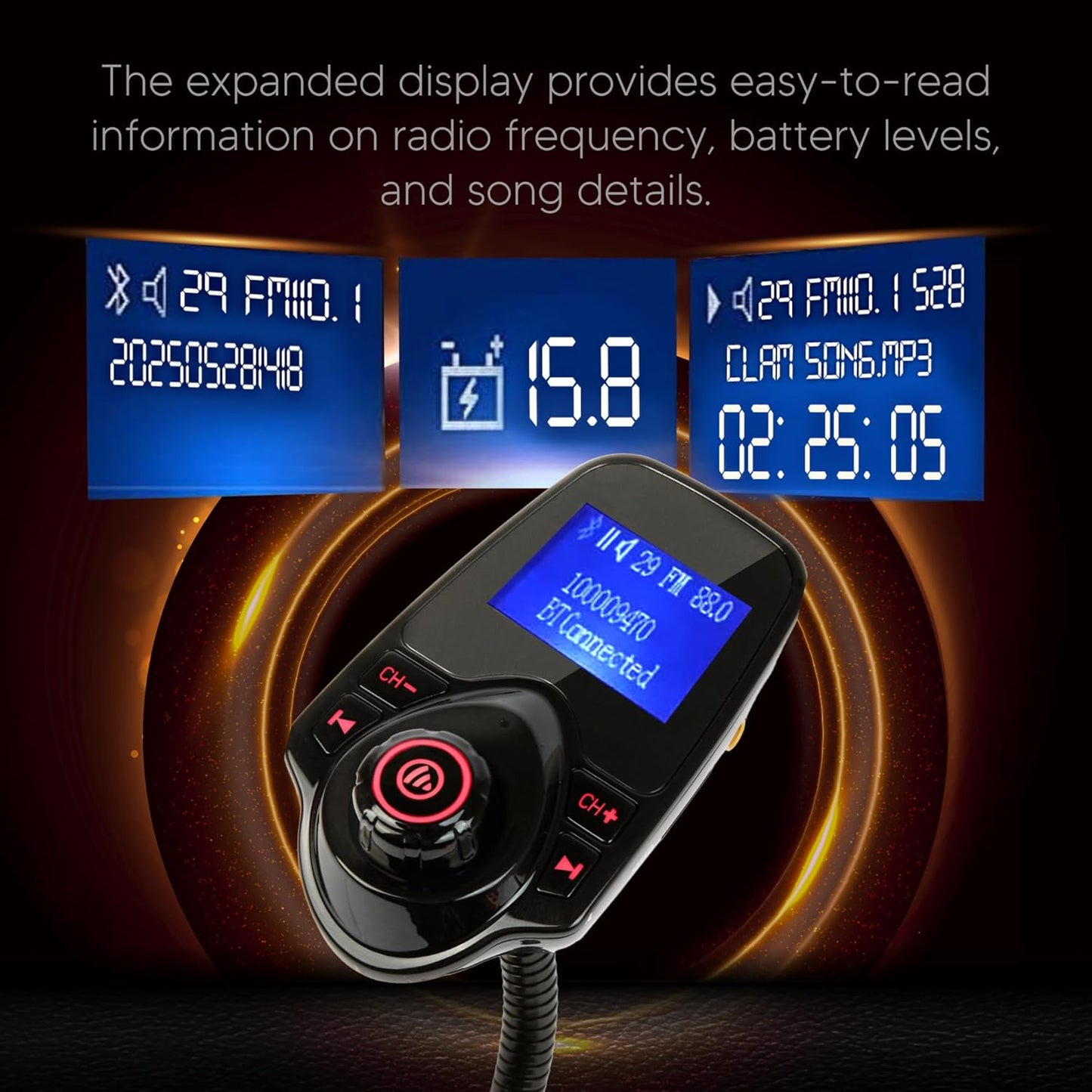 ONN FM Transmitter for Car - Bluetooth Car Adapter, Dual USB Fast Charging, Stable Bluetooth 5.0, 1.44" LCD Display, Hands-Free Calling, Flexible Gooseneck, AUX & MicroSD, 12V-24V, Black