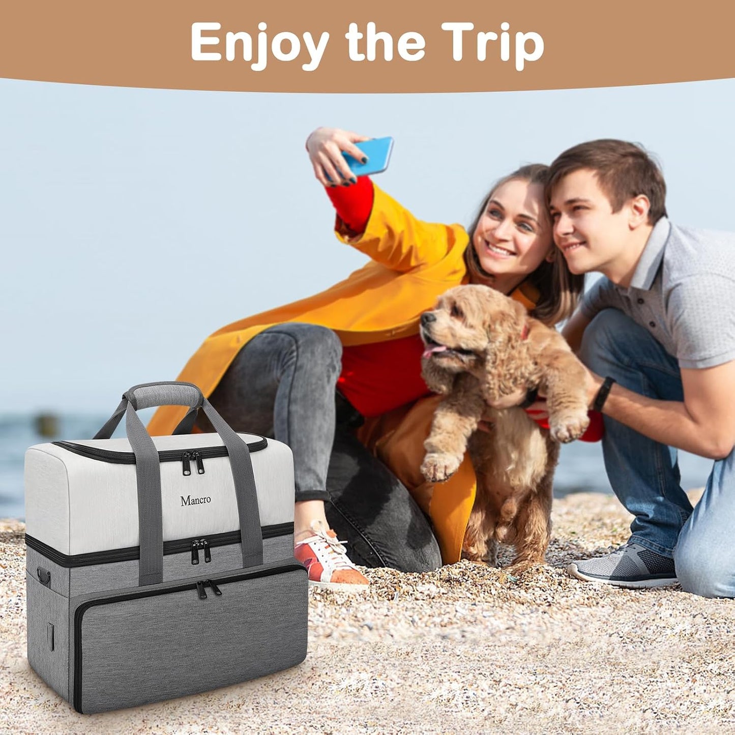Mancro Dual Layers Dog Travel Bag, Dog Mom Gifts, Road Trip Essentials | Pet Travel Bags with 2 Extra Large Food Containers, 2 Collapsible Dog Bowls, Multi-Pockets Tote Organizer for Pet Supplies