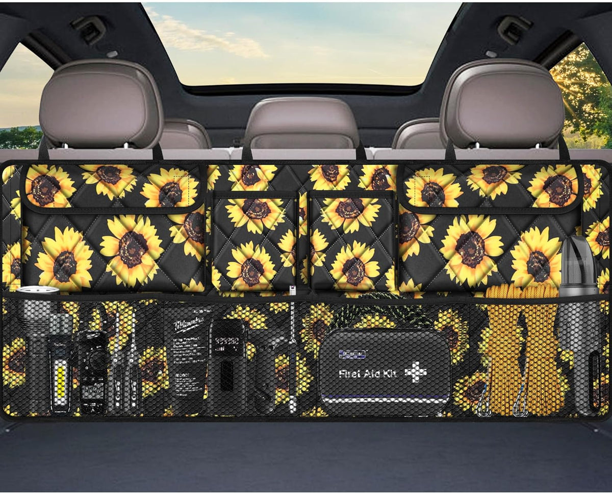 Femuar Car Trunk Organizer, Large Capacity Backseat Trunk Organizer (42"*18"), Collapsible Car Storage Bag with 8 Pockets - Hibiscus