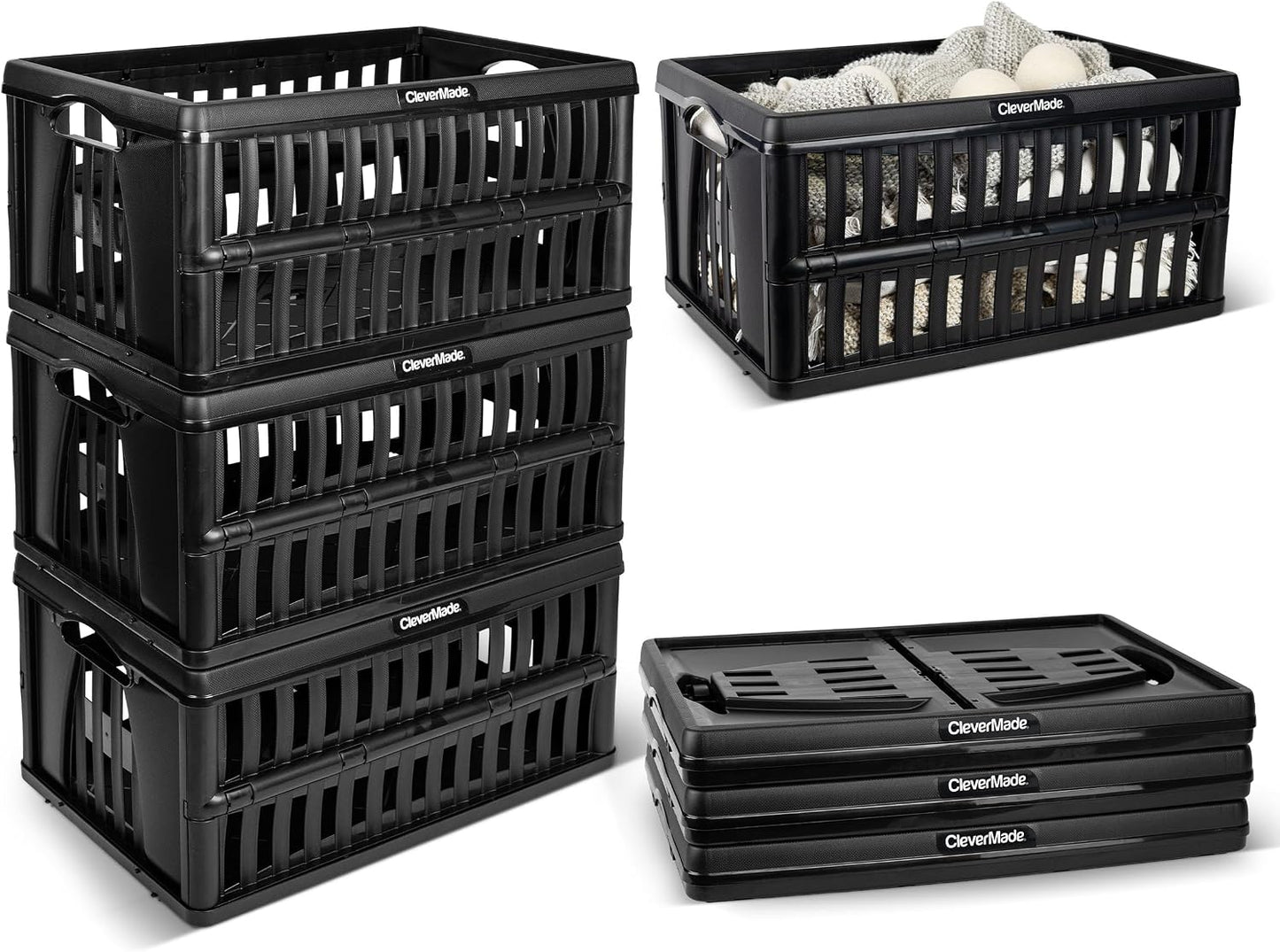 CleverMade Collapsible Utility Crate 45L Foldable Plastic Crate with Heavy Duty 66 lb Capacity for Storage, Trunk Organization, & Moving - Obsidian