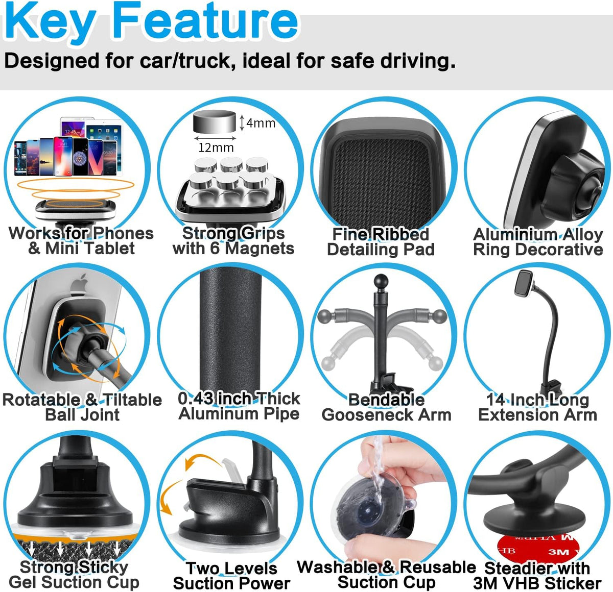 1Zero Magnetic Phone Car Mount 14-Inch Gooseneck Long Arm Extension