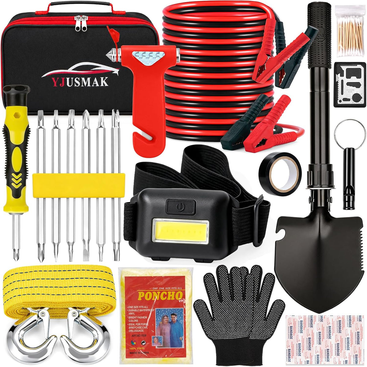 Car Roadside Emergency Kit with Jumper Cables, Shovel, 10-in-1 Tool Set