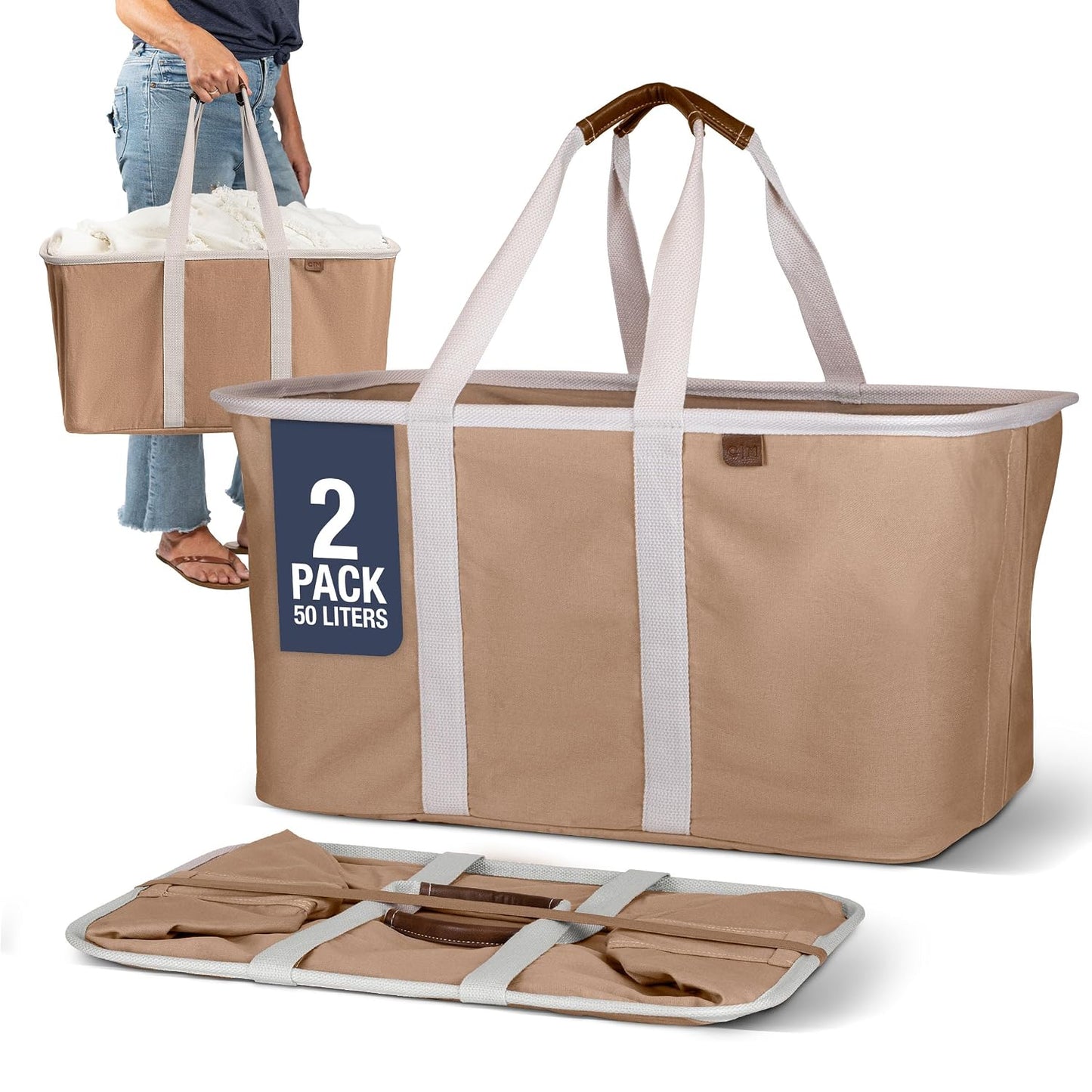 CleverMade Collapsible Laundry Tote 2-Pack (50L) – Foldable Carry-All Storage Bin for Laundry, Car Trunk, RV, Dorm & Home Organization - Denim