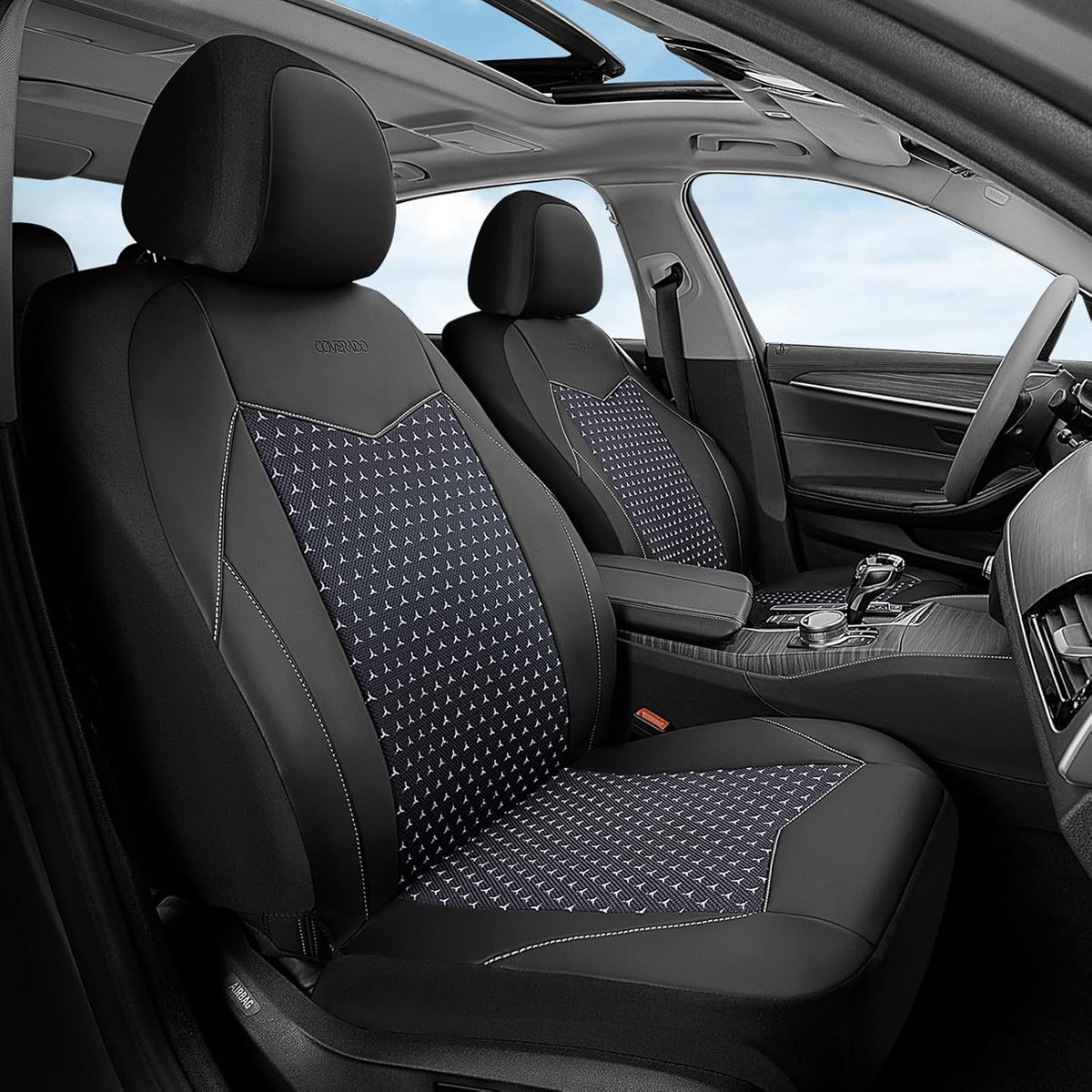 Coverado Front Seat Covers, 2-Pack Luxury Diamond Leather Car Seat Cover with Carbon Fibre Weave, Spill-Proof Driver Car Seat Protectors, Waterproof Seat Covers Universal Fit for Most Cars, Black