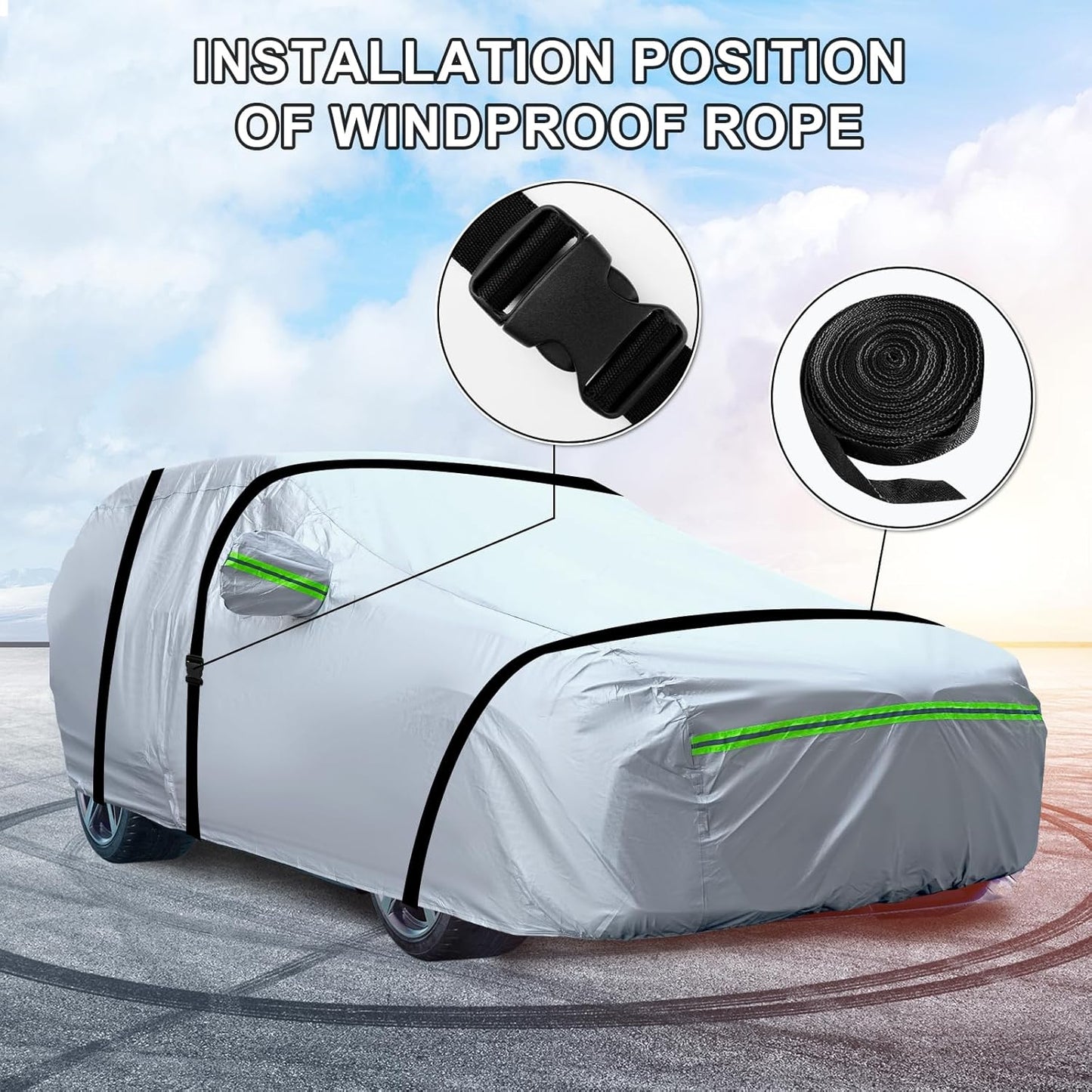 Full Car Cover Universal 6 Layers Outdoor Thicked All Weather Cover, Sunshield, Waterproof, Snow Proof, UV Proof, Scratch Proof, Bird Droppings, 6 Reflective Strips, Fits SUVs up 181"-190"