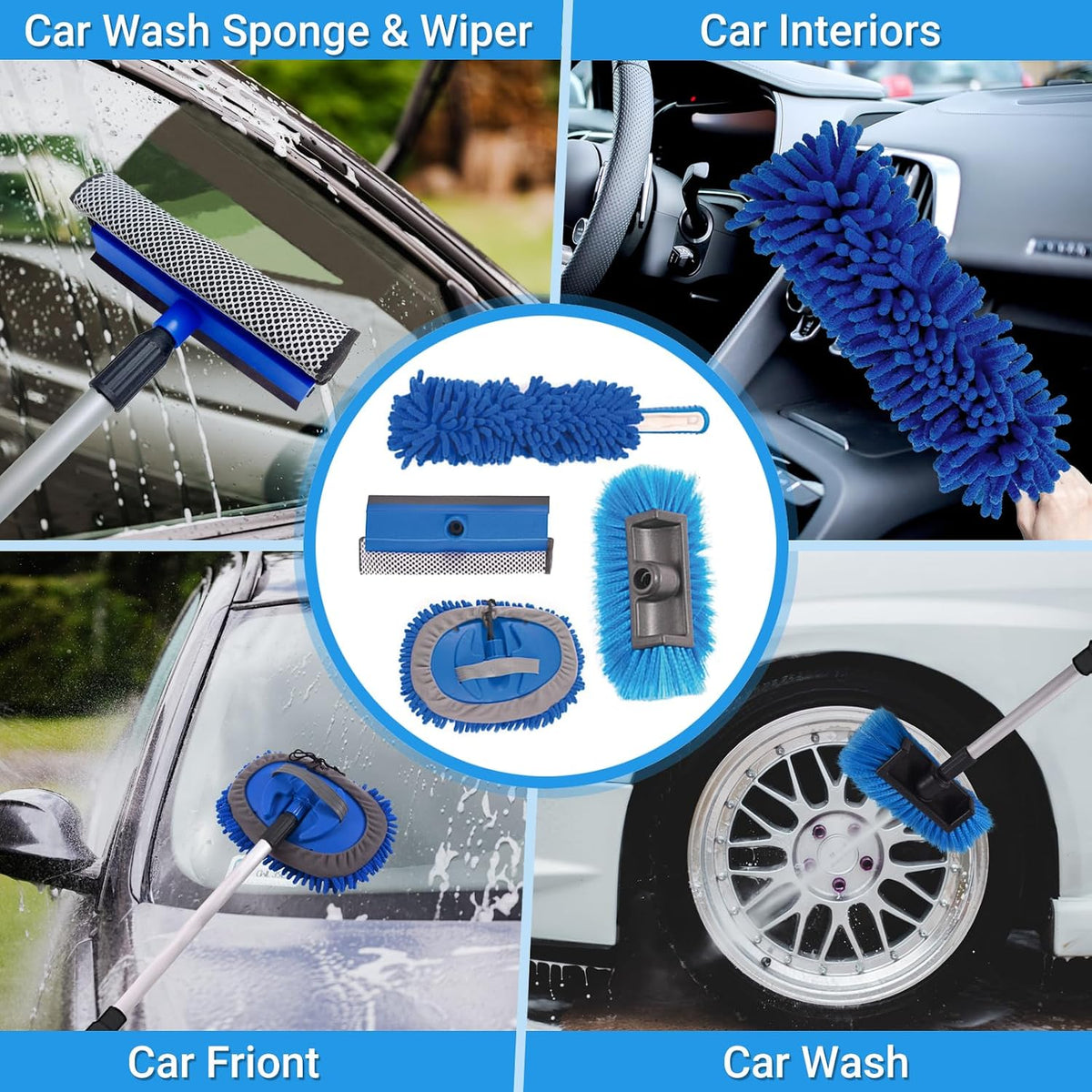 72" Car Wash Brush with Long Handle, On/Off Switch for Car RV Truck Boat Washing Brush, Complete Cleaning Kit with Car Wash Mop Windshield Squeegee Multifunctional Wash Brush