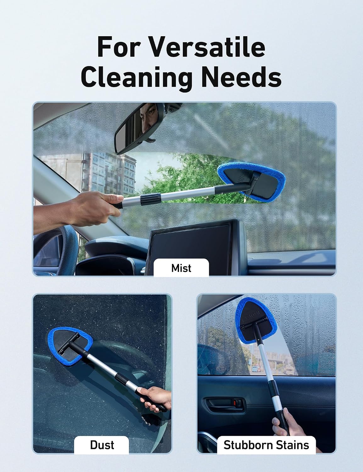 AstroAI 21" Extra-Long Windshield Cleaner Tool, Car Interior Detailing Cleaning Kit with Extendable Handle and 4 Upgraded Reusable Microfiber Pads, Auto Glass Wiper Brush Kit for Cars, Blue