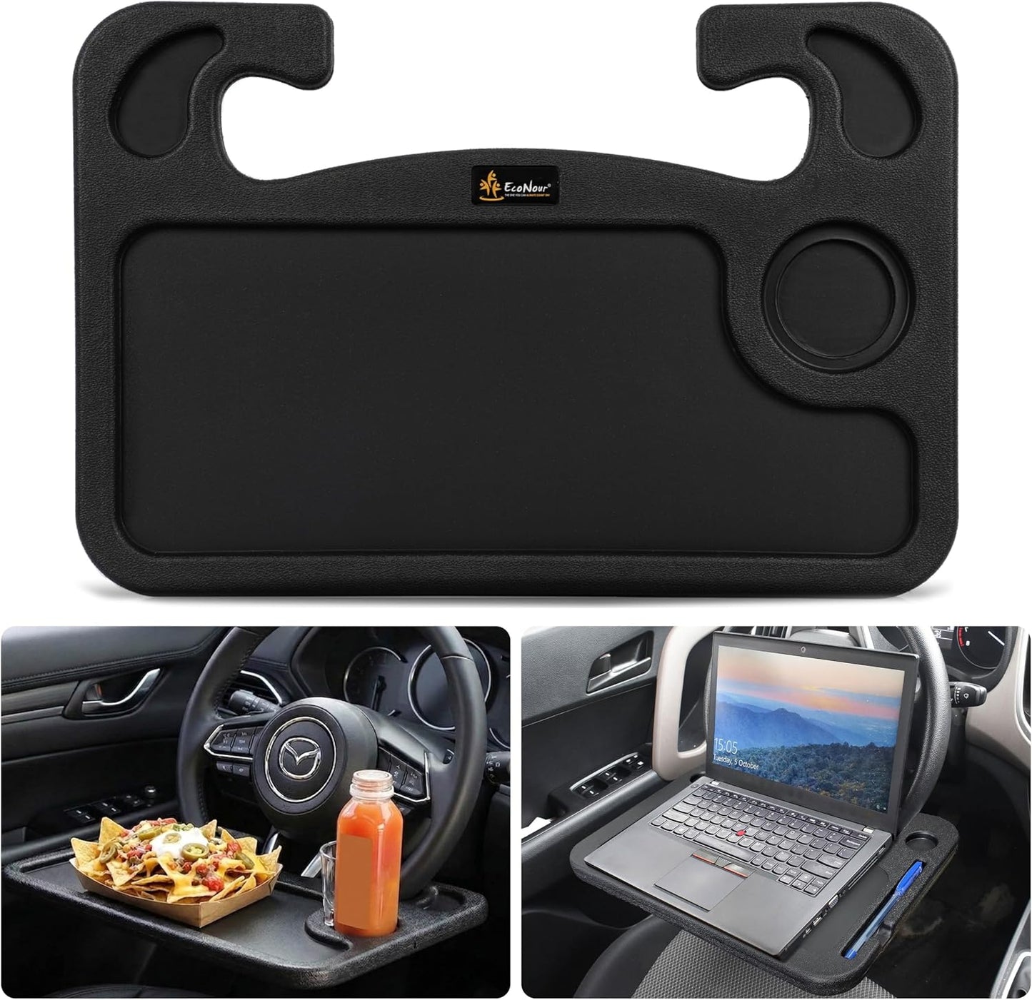 EcoNour 4 in 1 Car Steering Wheel Tray - 2024 Upgraded Pink Tray with Dual Sauce Dip Holder and Tablet Holder | Spacious Steering Wheel Desk for Food and Laptop | Car Accessories (Large)