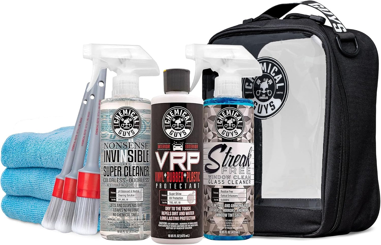 Chemical Guys 11-Piece Car Interior Detailing Kit with Microfiber Towels | With VRP protectant, Nonsense cleaner, glass cleaner, 3 detailing brushes, 3 microfiber towels, complete kit