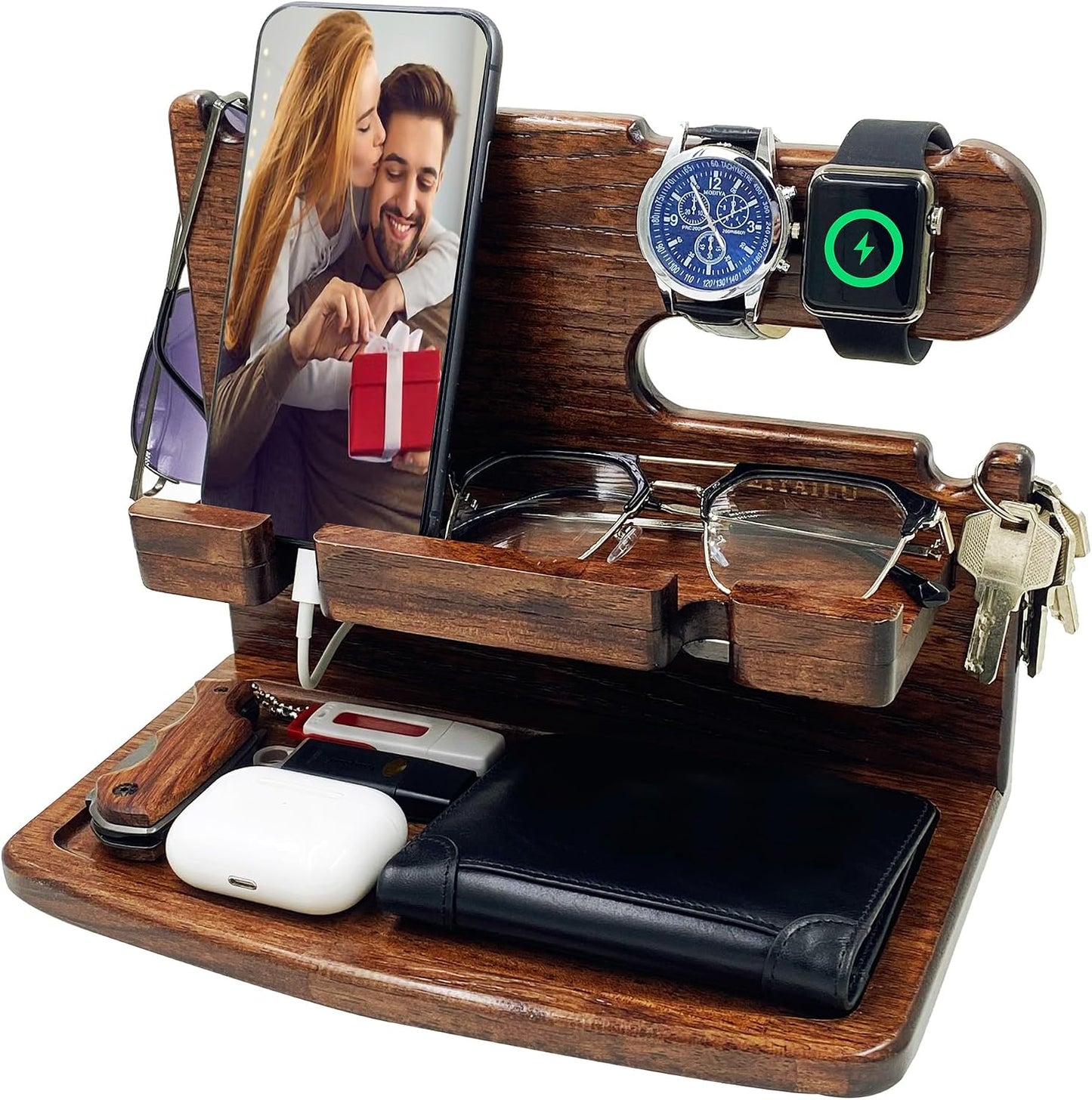 VEIYAILU Gifts for Men Dad Women Husband Boyfriend Him Nightstand Organizer for Men Wood Phone Docking Station Birthday Gifts (Black)
