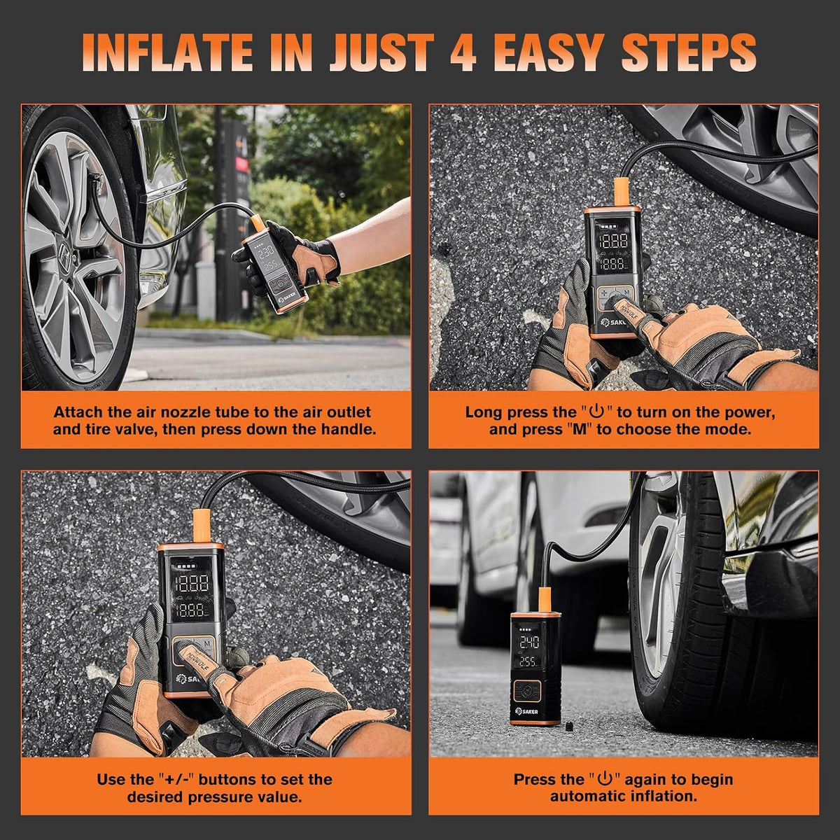 Saker Tire Inflator Portable Air Compressor - 150PSI Car Tires Air Pump with Tire Pressure Gauge Led Light, 7500mAh Battery & 12V DC Smart Tire Inflator for Car, Motorcycle, Bike Tire, Ball