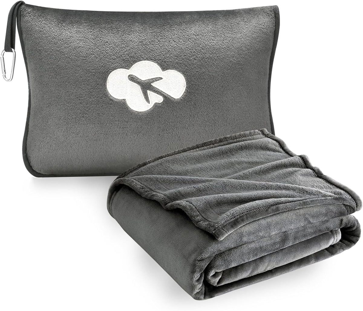 Travel Blanket and Pillow Compact, Premium Soft 2 in 1 Airplane Blanket with Soft Bag Pillowcase,Hand Luggage Sleeve and Backpack Clip (Brown)