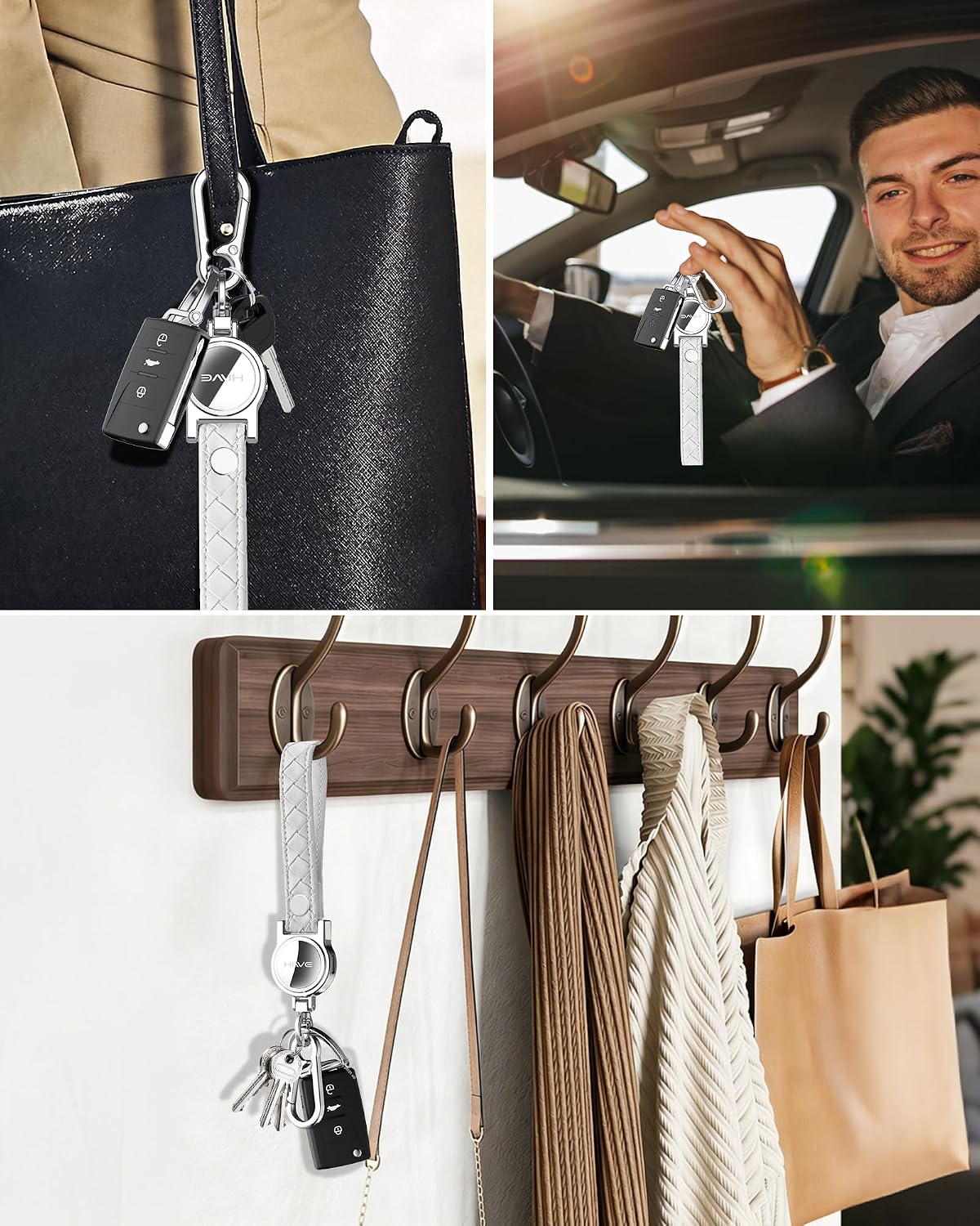 HiWe Anti-Lost Keychain, Works with Apple Find My, Carabiner Car Key Holder with Texture Leather Strap, Bluetooth Key Finder Tracker, USB-C Rechargeable, White
