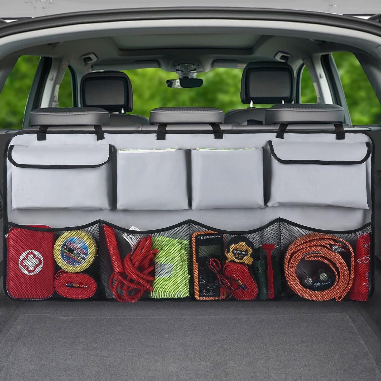 Car Trunk Hanging Organizer 3D Textured (Extra-Long), Cotton-Padded Farewell to Collapse, Reinforced Stitching, Extra-Wide Pocket, Backseat Grocery Storage Bag with 8 Pockets for SUV,Truck,Van