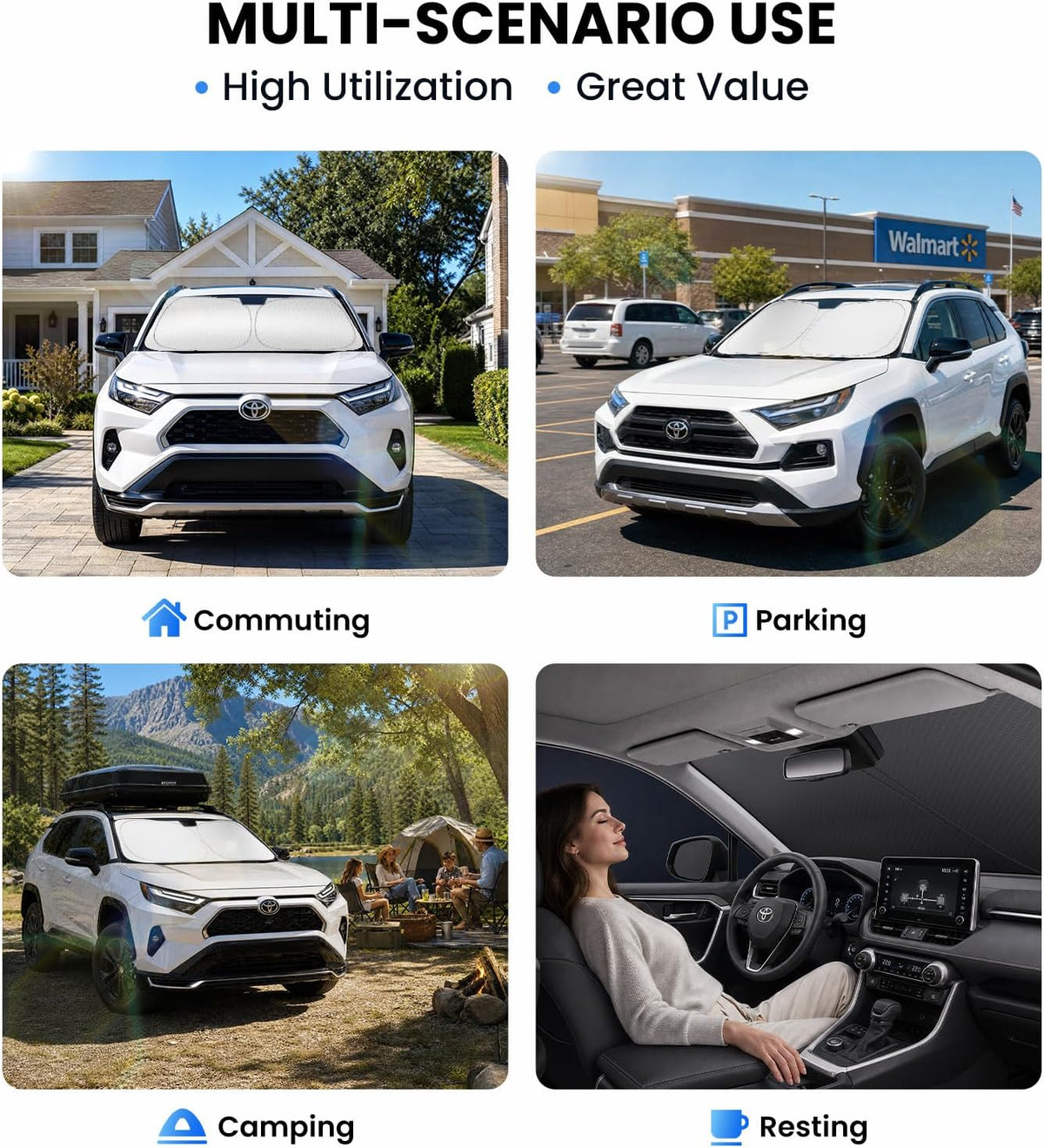 Large Windshield Sun Shade for Toyota RAV4 2019-2026, 7-Layer UV & 100% Sun Blockage, 3D Scanned Custom Fit, Keep Interior Cooler, Easy Storage & Foldable SUV Accessories, No Sagging