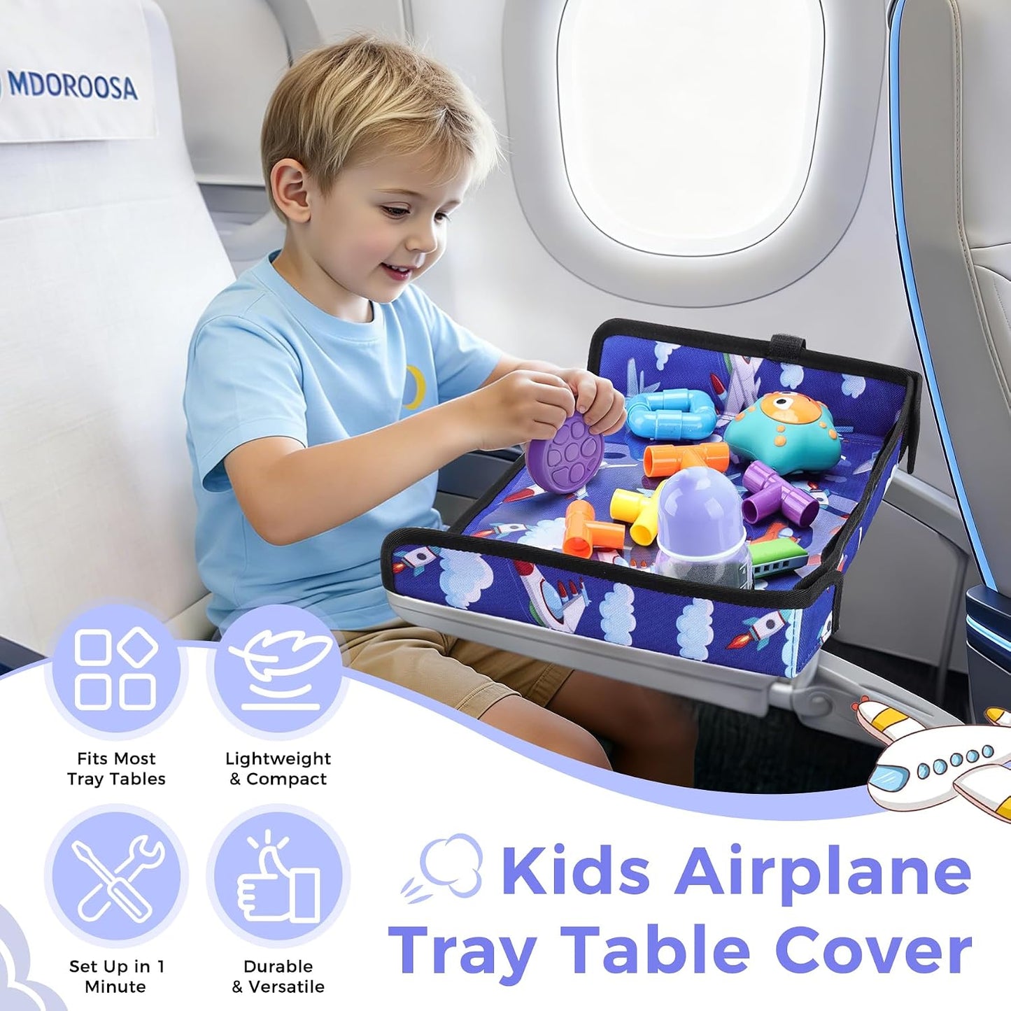 COOLBEBE Airplane Tray Table Cover, Foldable Travel Tray Cover for Toddlers 1-3, Universal Fit for Airplane, Car Seat, High Chair, Machine Washable, Portable, Blue Plane