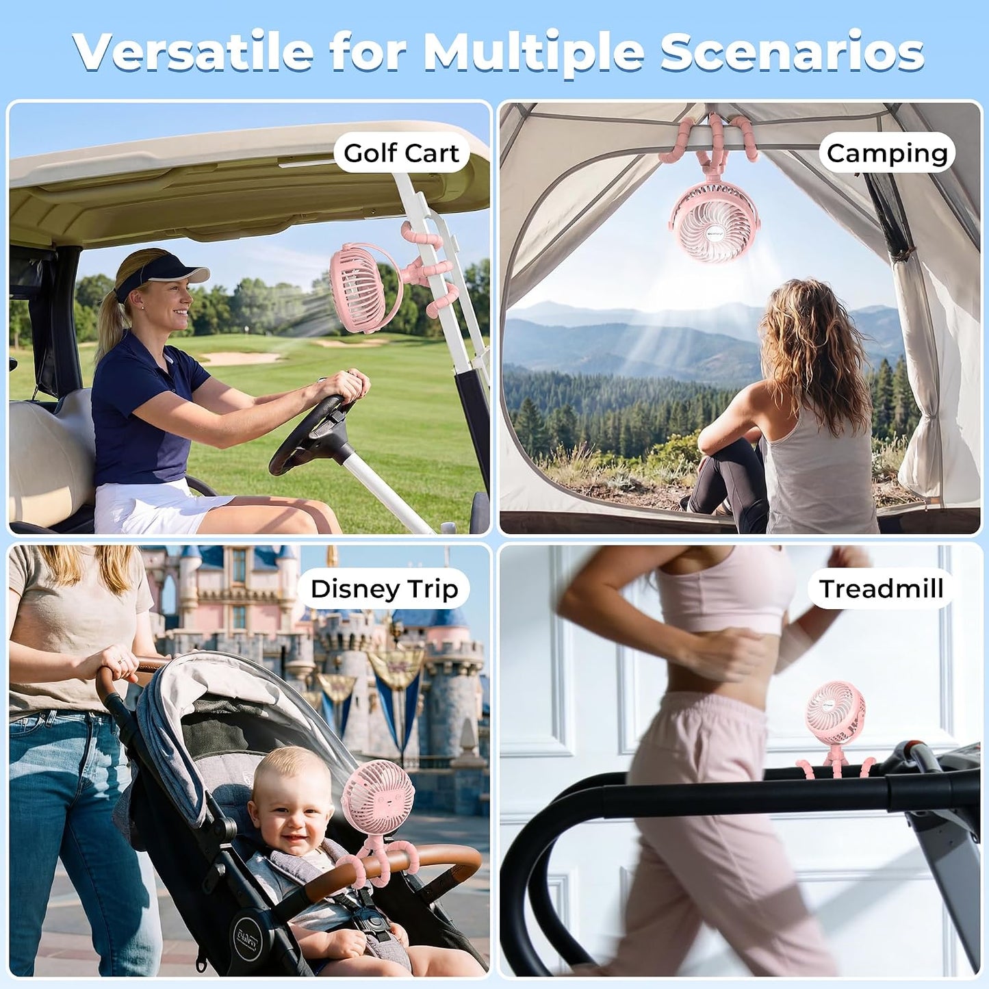 AMACOOL Battery Operated Stroller Fan, Baby Travel Essentials for Beach Disney, Newborn Boy & Girl Showers Gifts Registry Search, Flexible Tripod Clip On Fan for Car Seat Wagon Crib Bike Treadmill