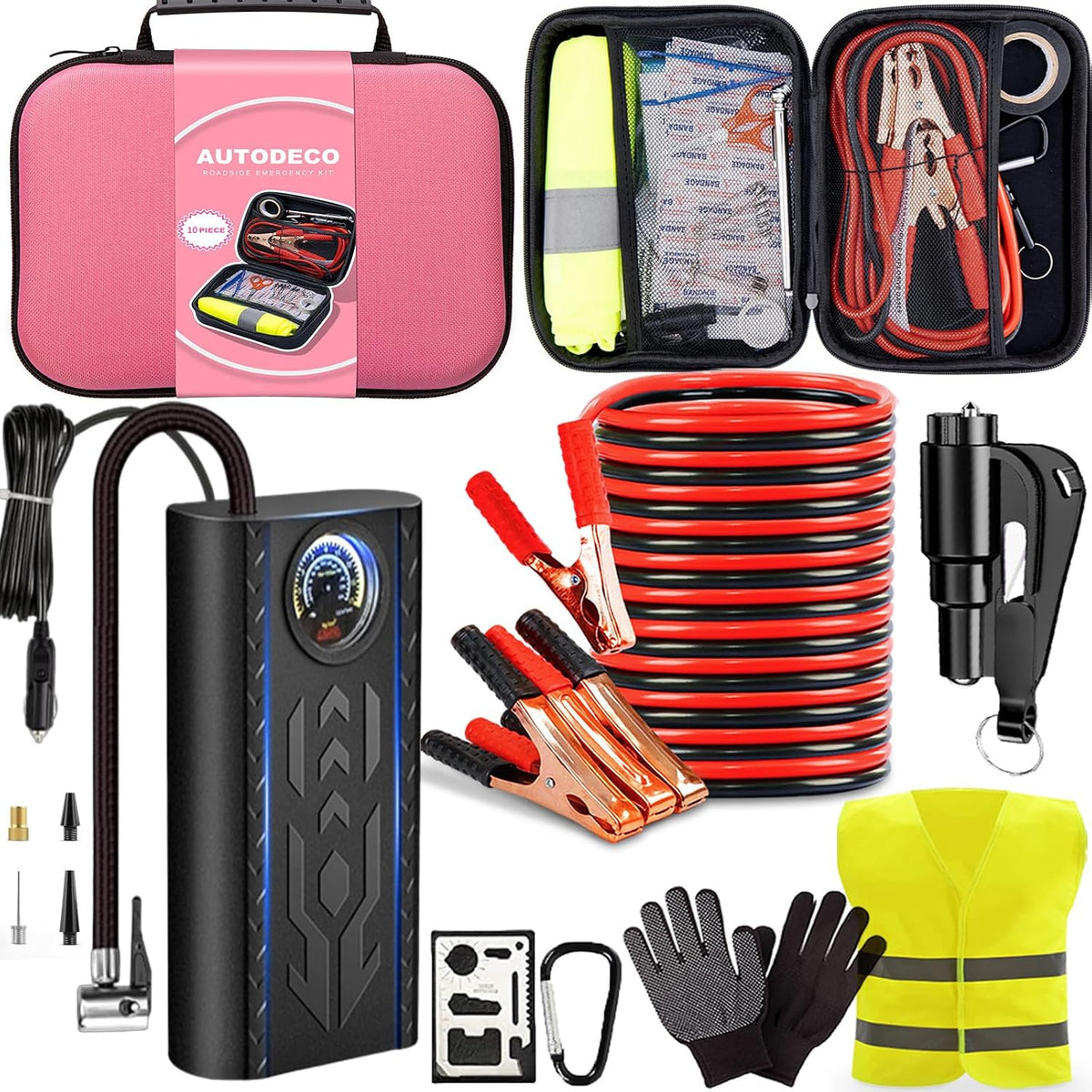 Car Roadside Emergency Kit, Portable Auto Air Compressor Tire Inflator, Jumper Cable, Car Emergency Kits for Teenagers, Black