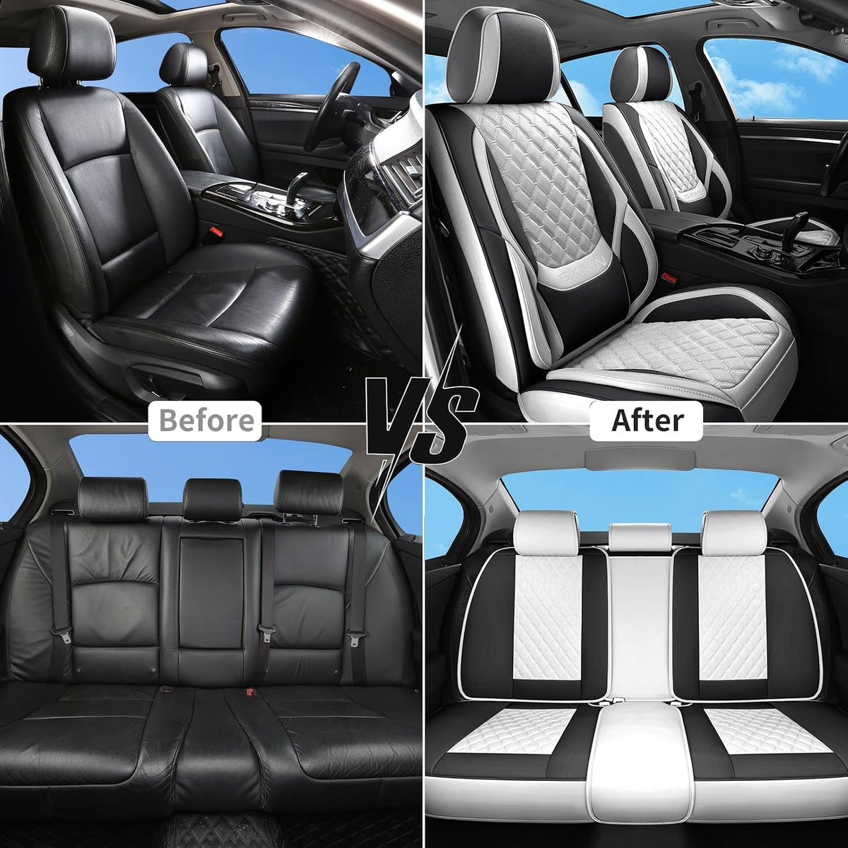Car Seat Covers Full Set,5 Seat White Leather Seat Covers for Cars,Front Seats and Back Seat Cover,Waterproof Car Seat Cushion Protectors,Universal Fit for Most Cars SUV Trucks (White Black, Full Set)