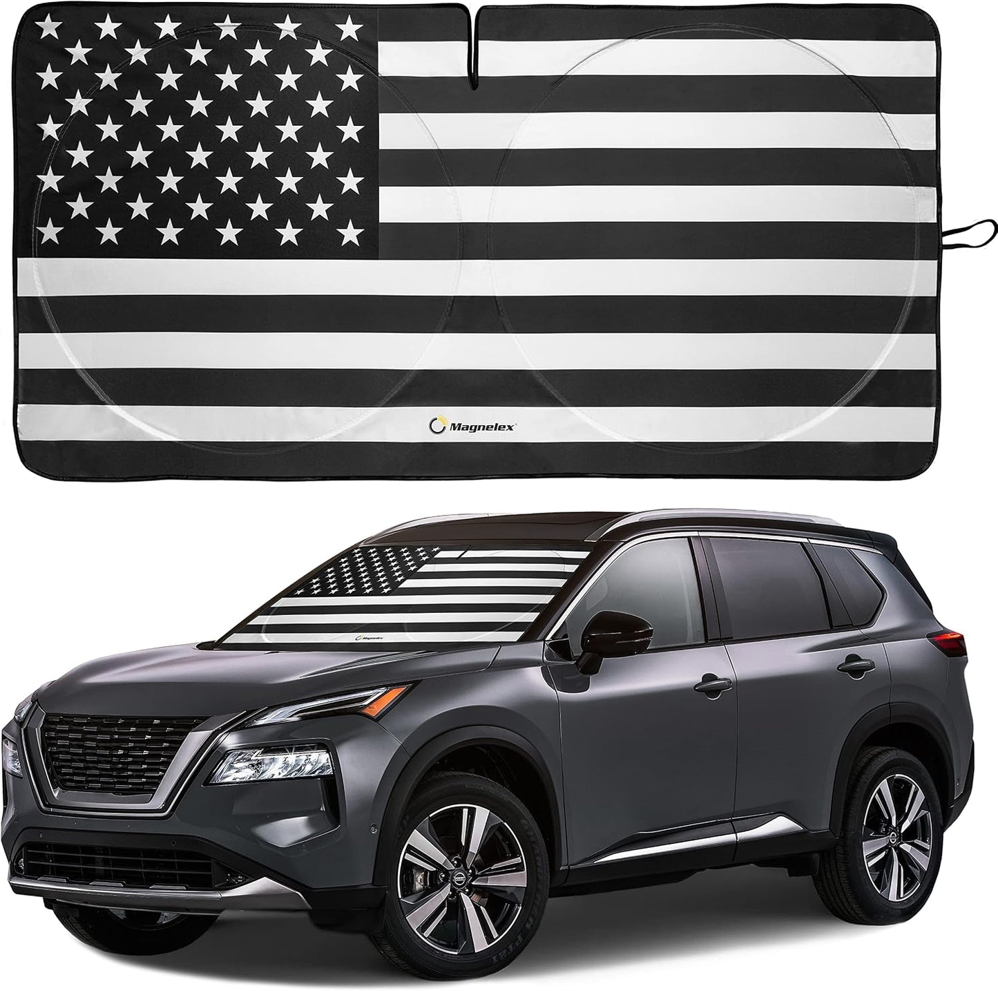 American Flag Windshield Sun Shade, High-Resolution Car Shield with Mirror Cut-Out for Automotive Interior Protection Heat Reduction, Folding Sunshade Storage Bag - Medium, Original