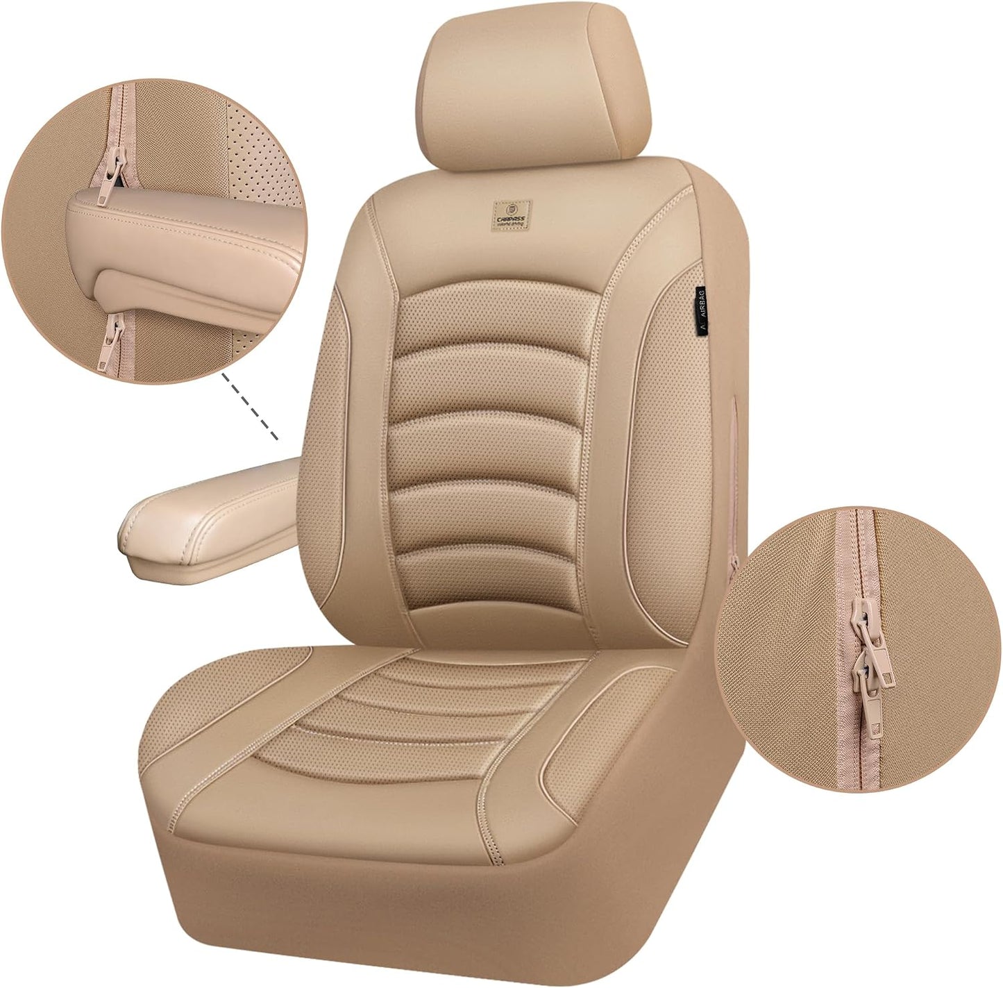 CAR PASS 3D Foam PU Leather Car Seat Covers, Universal Seat Covers Front 2 for Trucks SUV Sedan Automotive Seat Covers Armrest Airbag Compatible Waterproof Comfortable Faux Nappa Leather All Beige