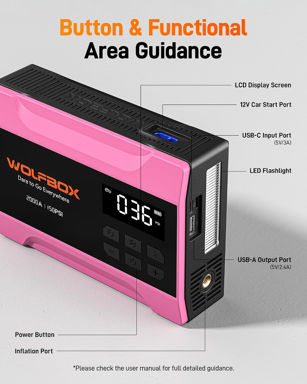 WOLFBOX 2000A Jump Starter with Air Compressor, 12V Jump Box