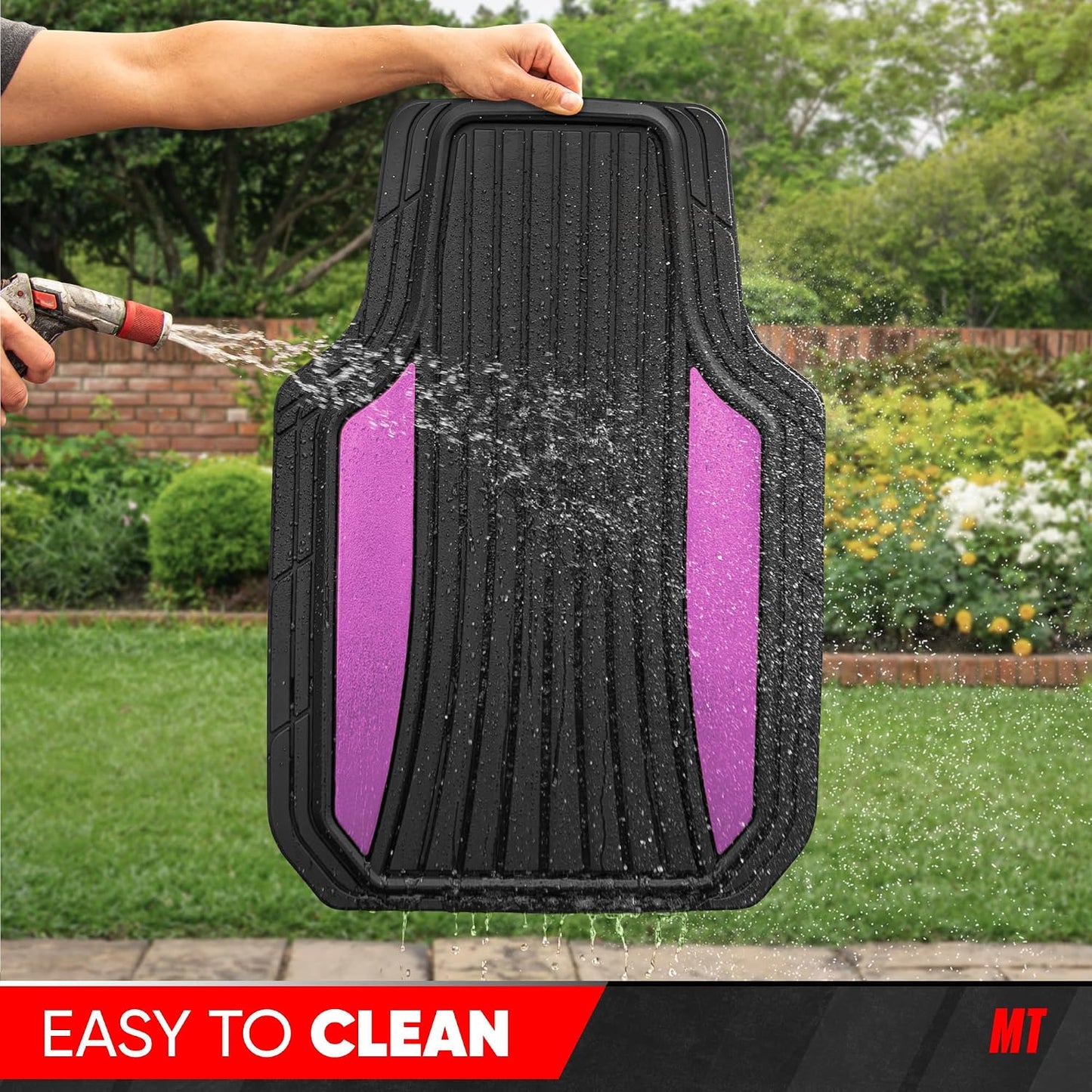 Motor Trend ChromeTech Car Floor Mats Full Set - Durable Rubber Floor Mats for Cars with Two Tone Accent, All Weather Interior Protection for Front and Rear with Non-Slip Backing, Black & Pink