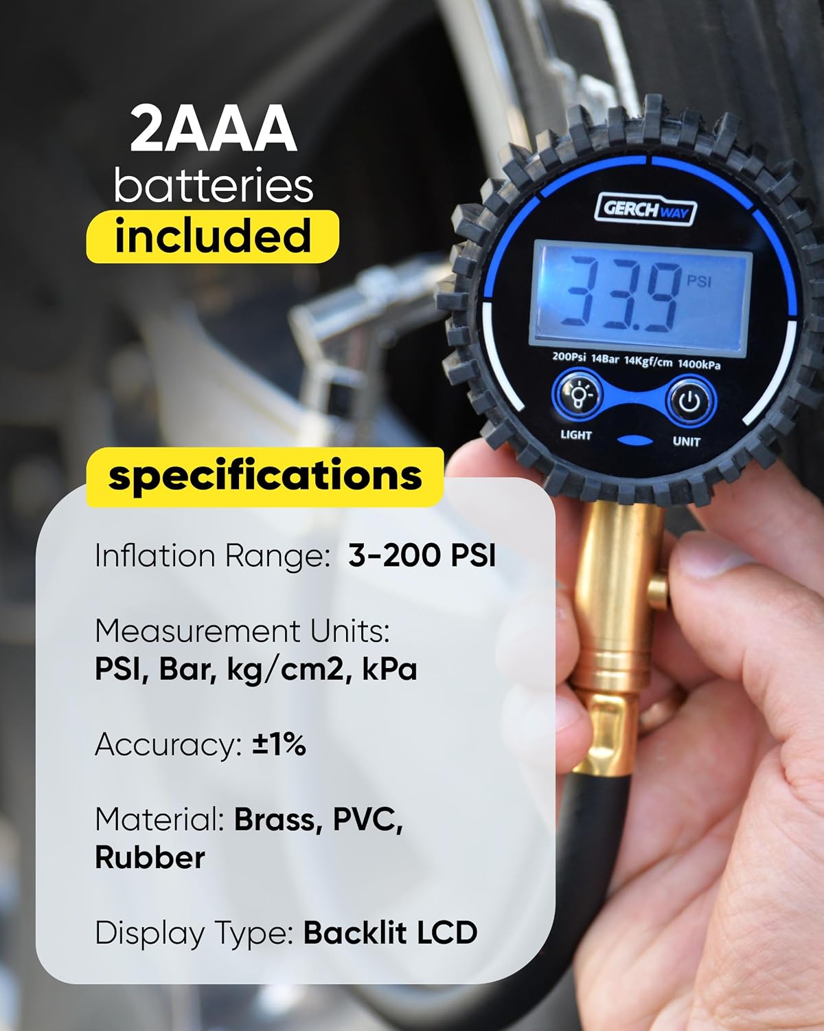 Digital Tire Pressure Gauge 200 PSI - Accurate Air Pressure Gauge for Tires