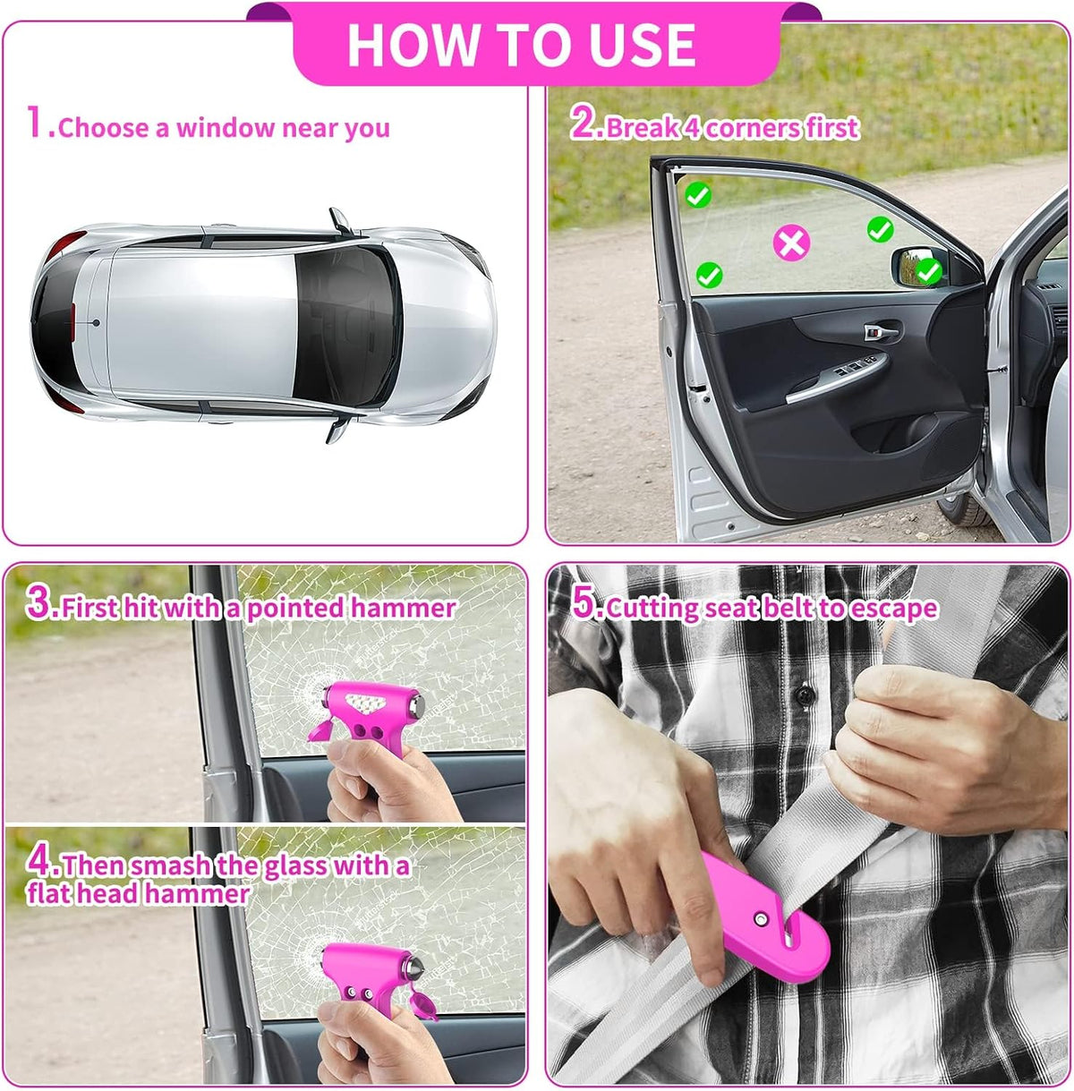 Car Safety Hammer, 3-in-1 Emergency Escape Tool with Window Breaker and Seat Belt Cutter, 2-Pieces Safety Emergency Car Escape Tool for Car, Office, Home