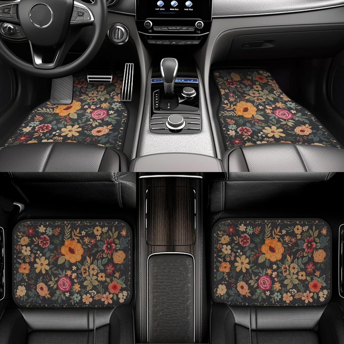 Premium Linen Boho Car Floor Mats Full Set, Vintage Floral Design | Waterproof & non-slip all-weather mats, universal fit for SUV Sedan, luxury car interior accessories for men and women